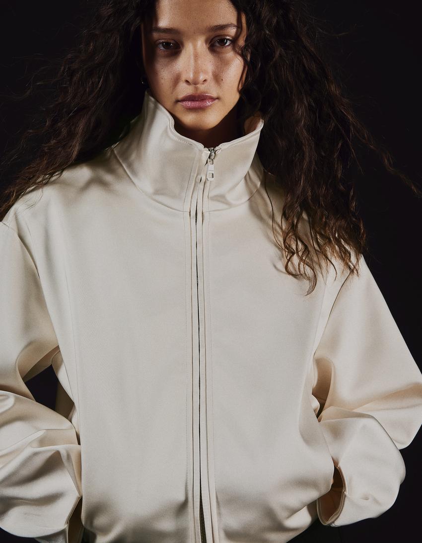 Satin high neck jacket-Cream