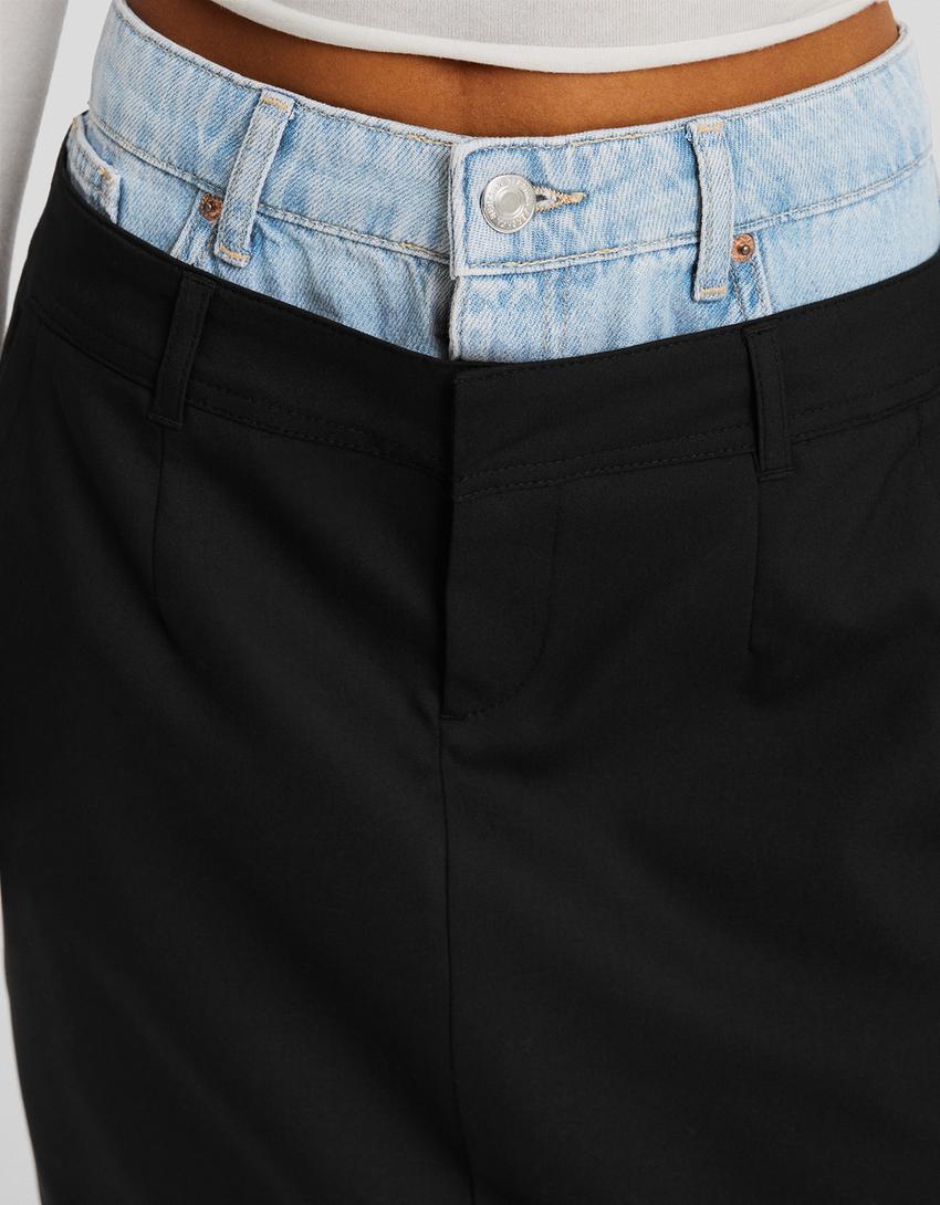 تنورة رسمية متوسطة الطول بخصر دنيم متباين-أسود-3