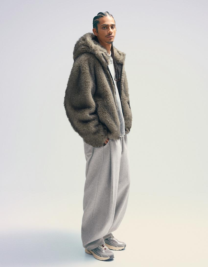 Hooded faux fur jacket-Grey