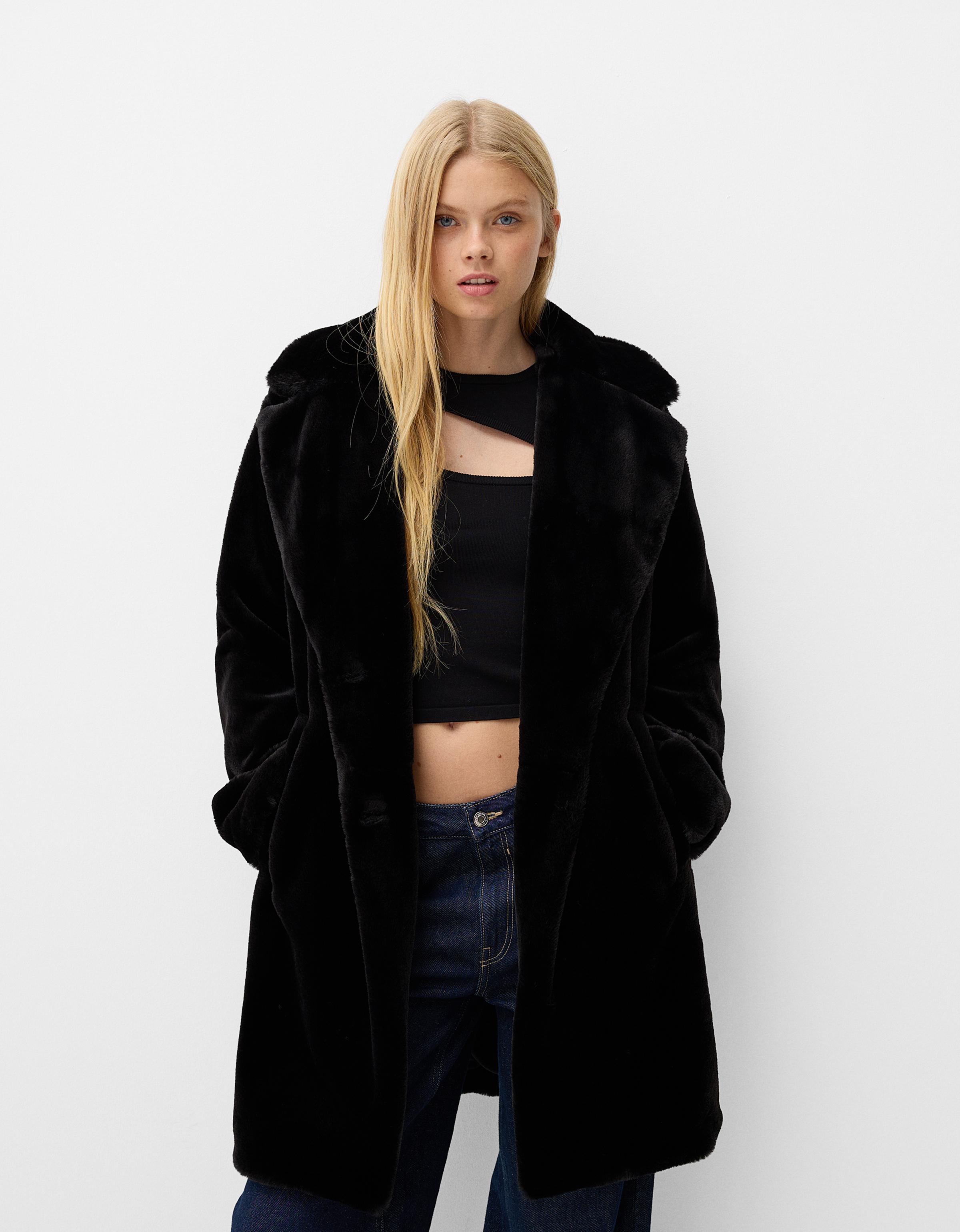 Bershka Fellmantel Damen L Schwarz