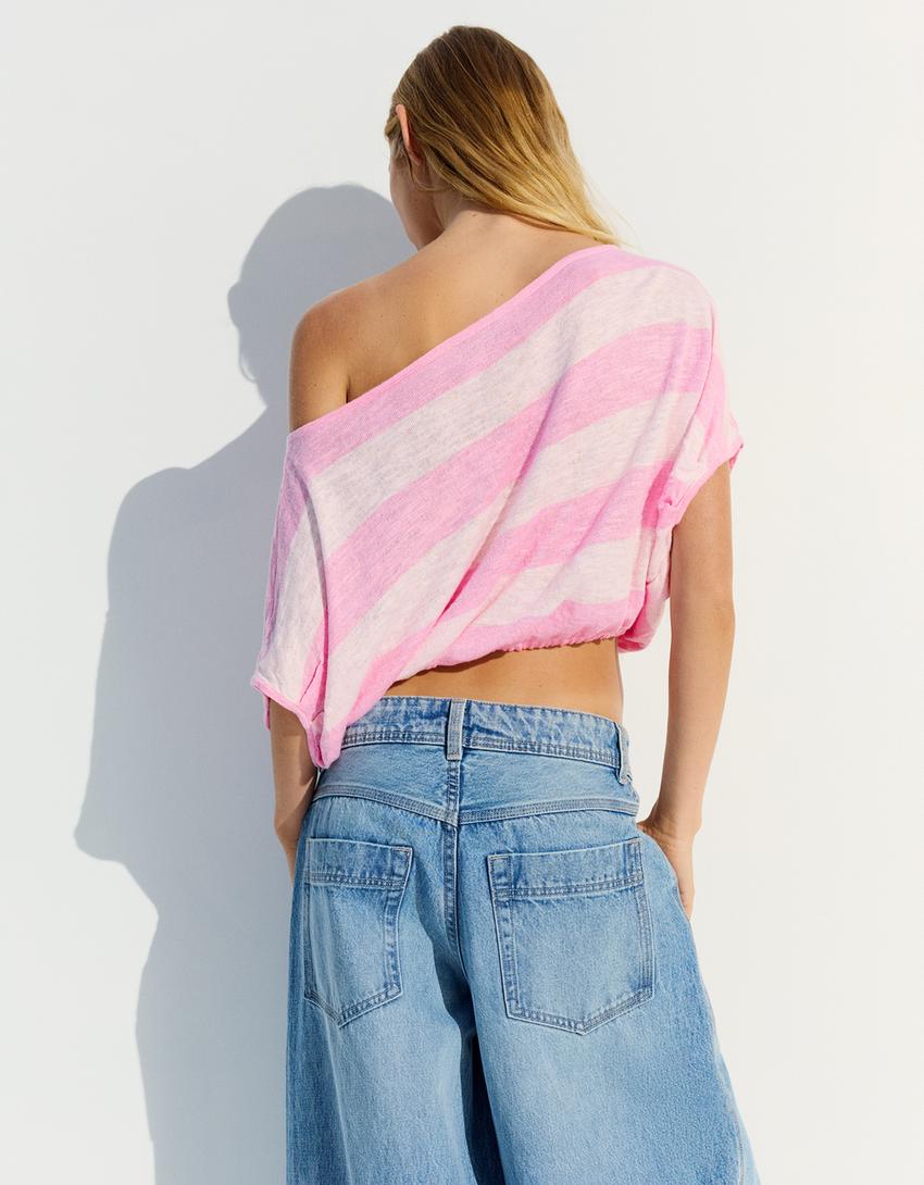 Pull asymétrique à rayures-Rose