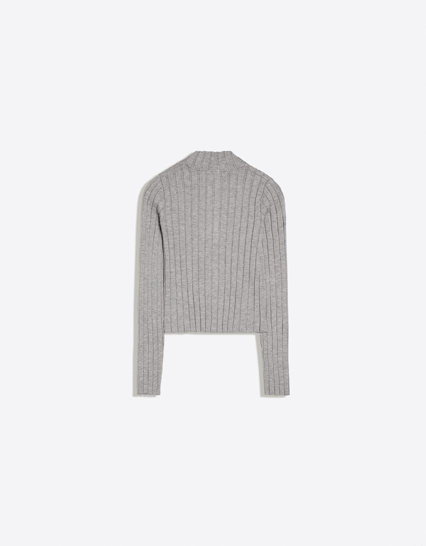 Ribbed knit zip-up cardigan-Grey