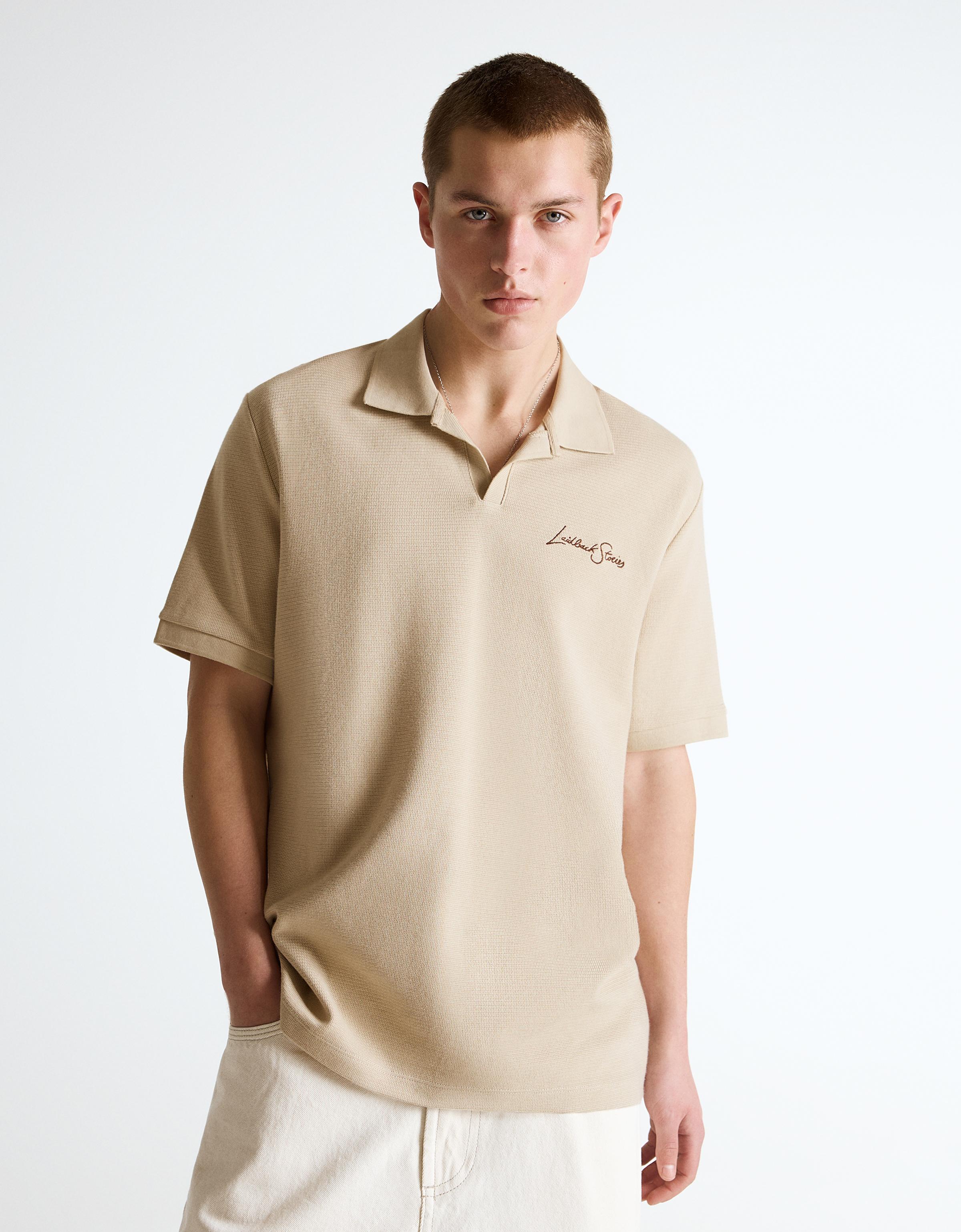 Bershka Polo Estructura Bordado Hombre L Camel