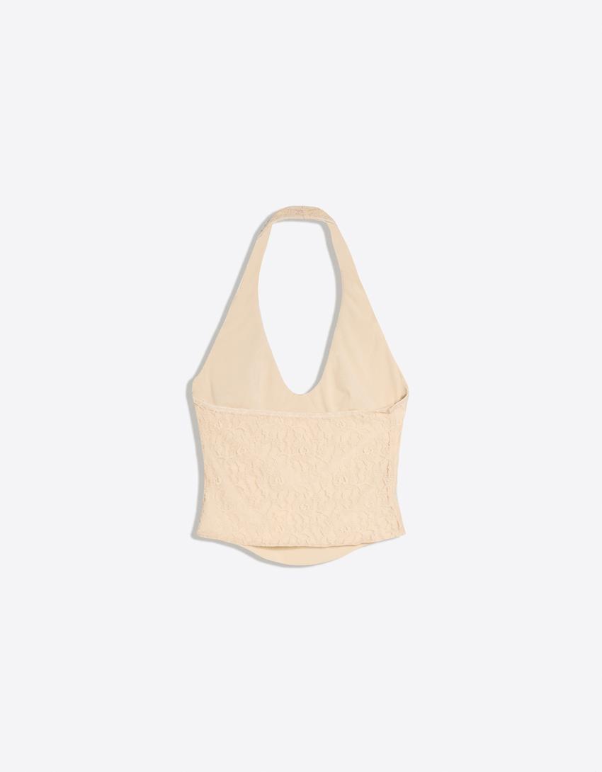 Dantelli korse halter top-Krem