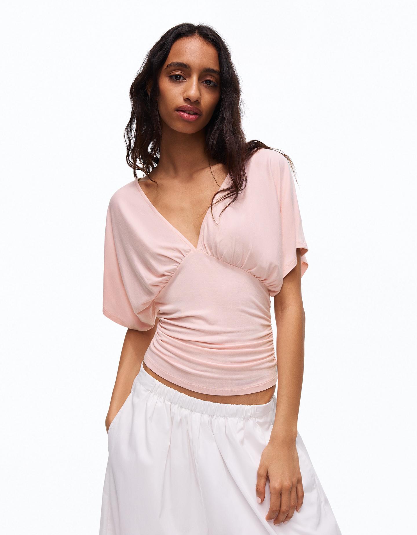 Bershka Camiseta Cuello Pico Frunces Mujer Rosa
