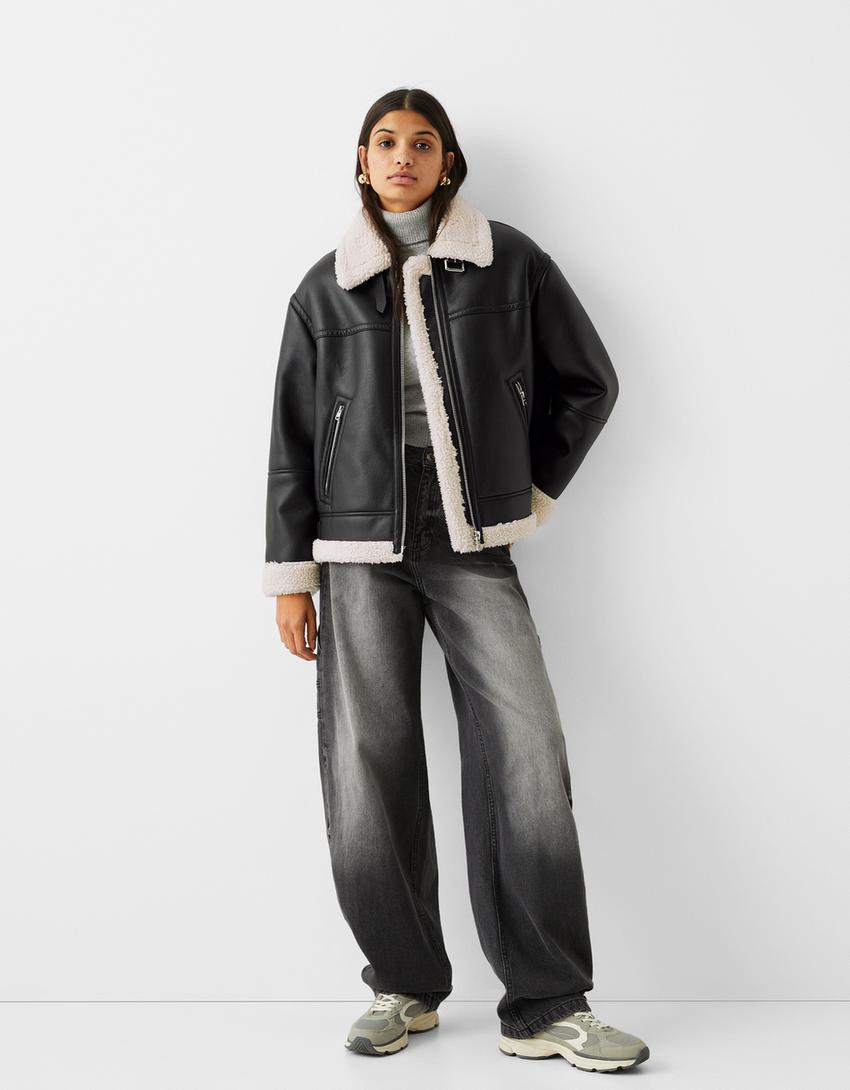 Double-faced faux leather jacket-Black-3