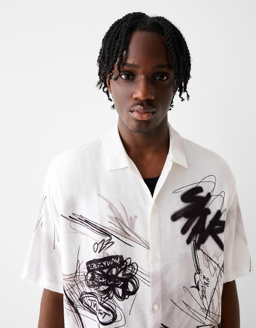 Chemise manches courtes loose fit imprimée-Blanc cassé-2