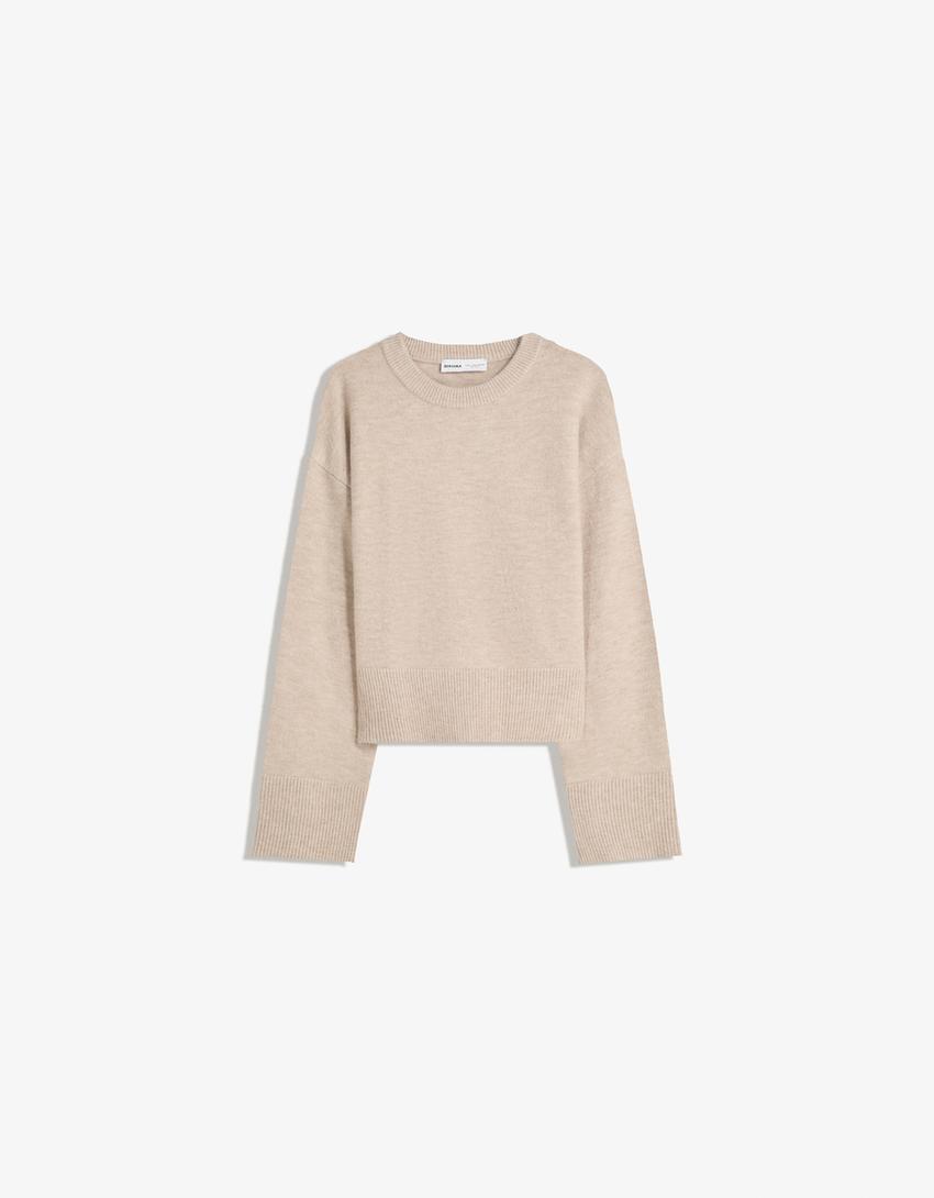 Oversize sweater with ribbed hem-Sand