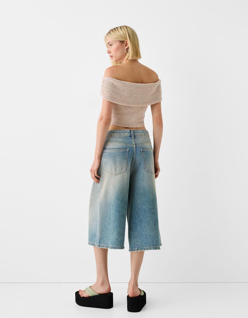 Parıltılı iplikli açık omuzlu triko top-Kum rengi-1