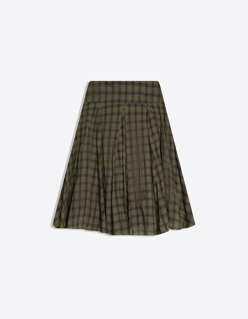 Falda midi volumen cuadros-Kaki