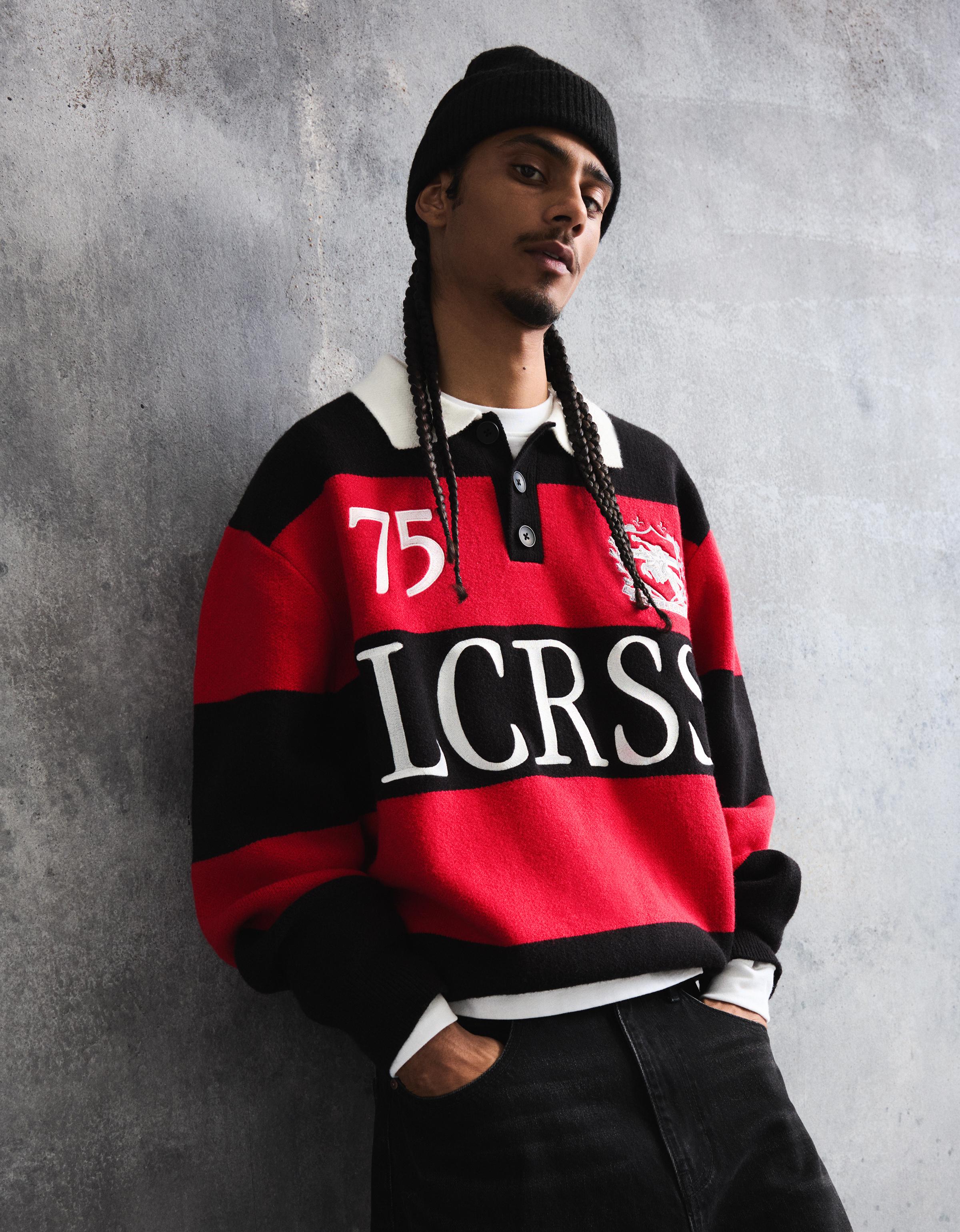 Bershka Bestickter Polo-Kragen-Pullover Herren Xs Rot