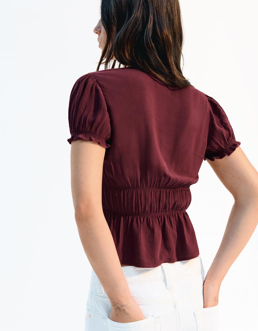 Gathered short sleeve shirt with tie detail-Maroon-1