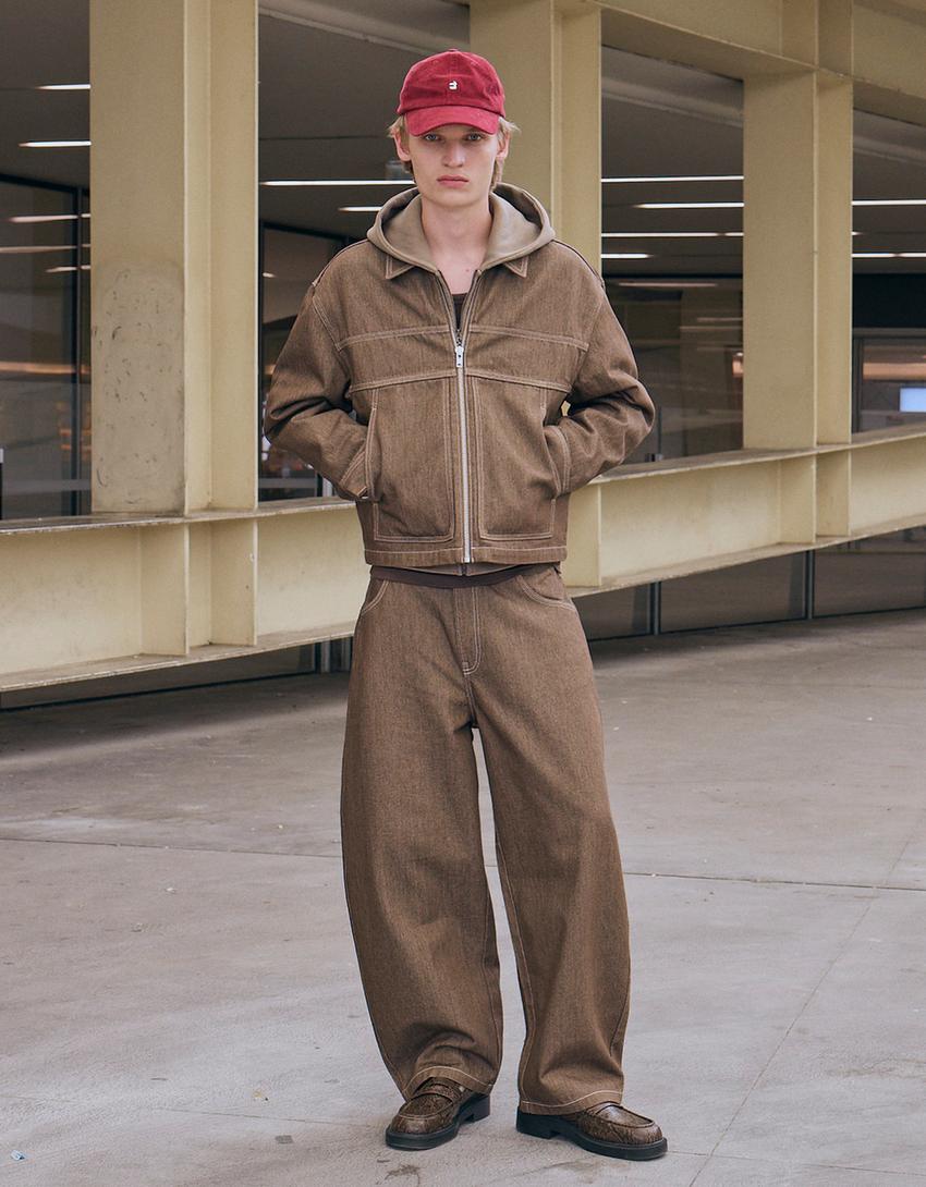 Denim shirt with zip-Brown