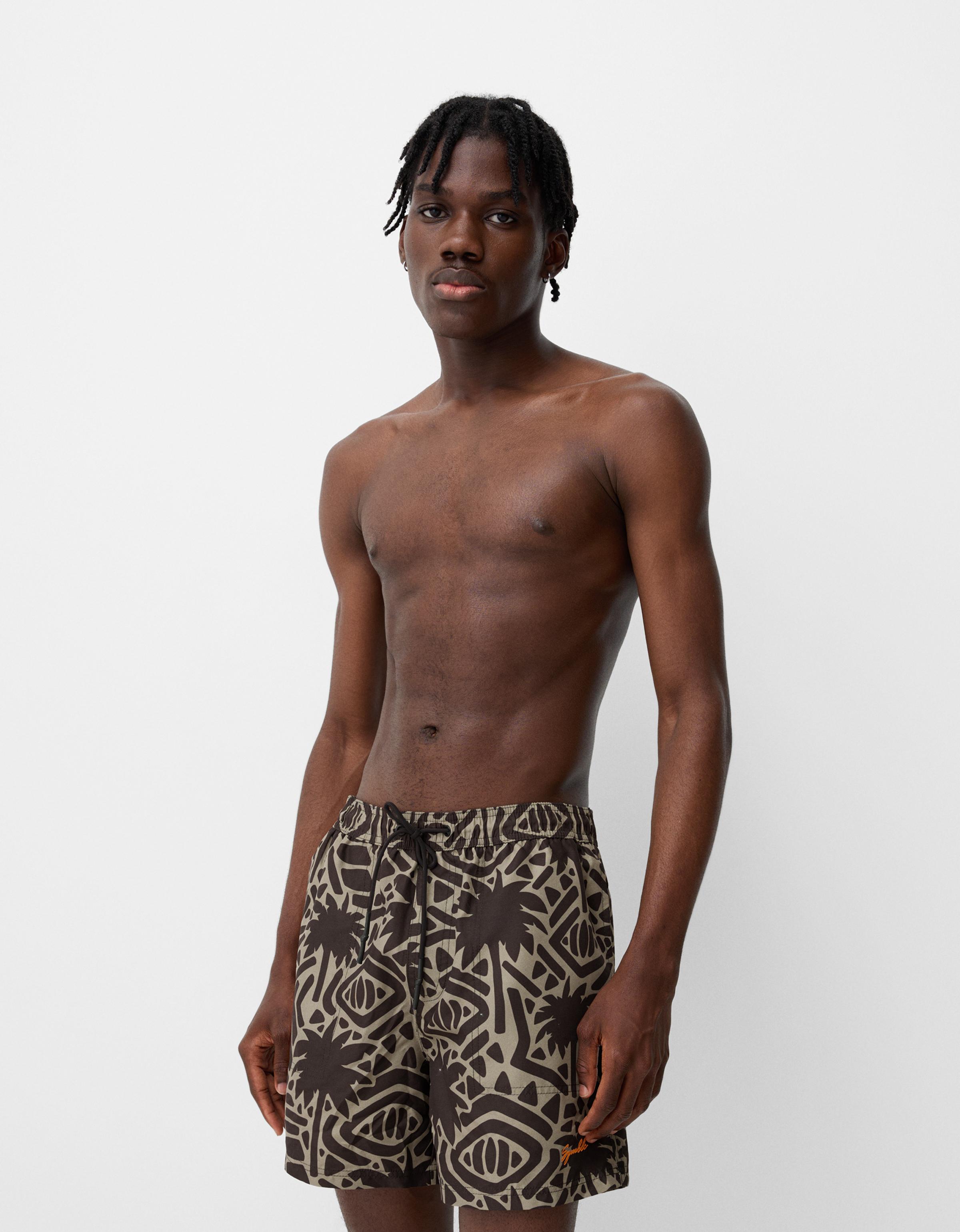 Bershka Badeshorts Mit Print Herren S Khaki