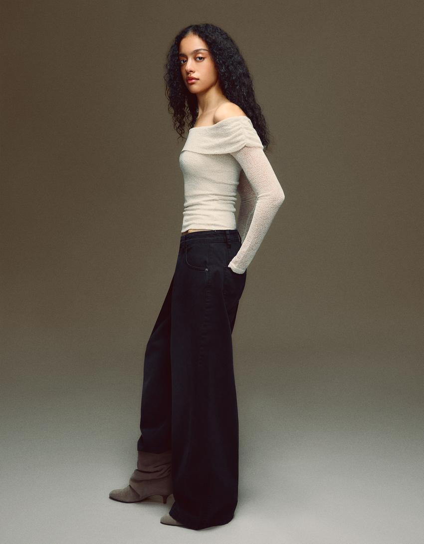 Işıltılı rustik bardot uzun kollu top-Kum rengi