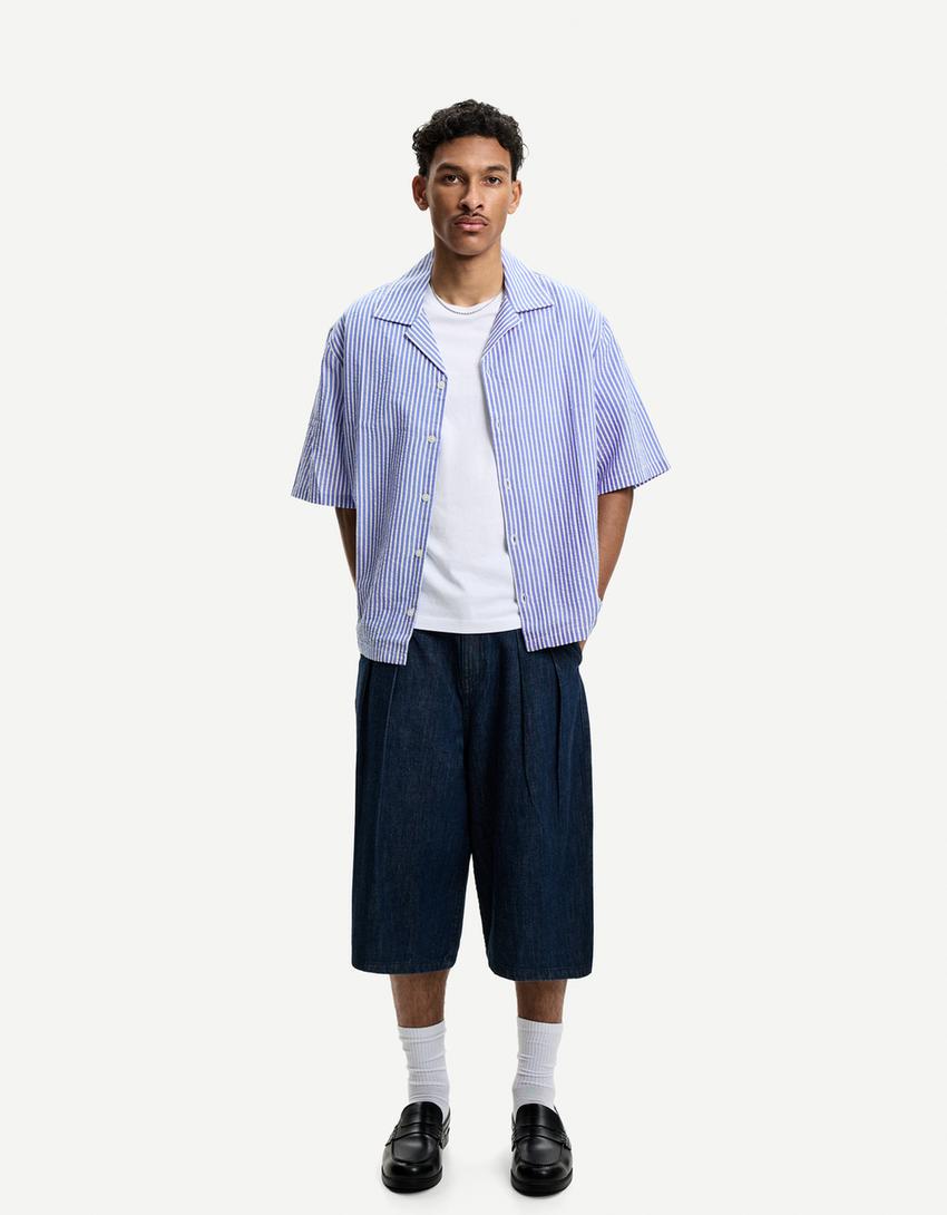 Striped textured short sleeve boxy fit shirt-Blue-3