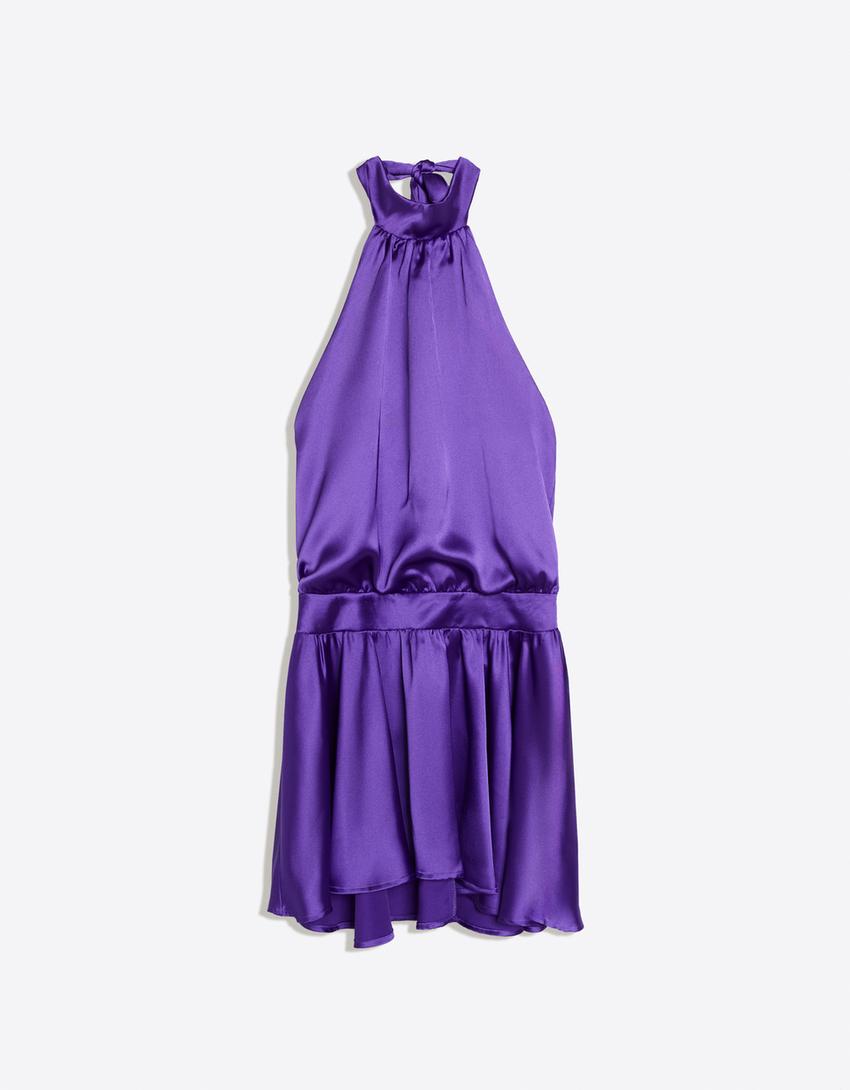Halter neck mini dress with ties-Violet