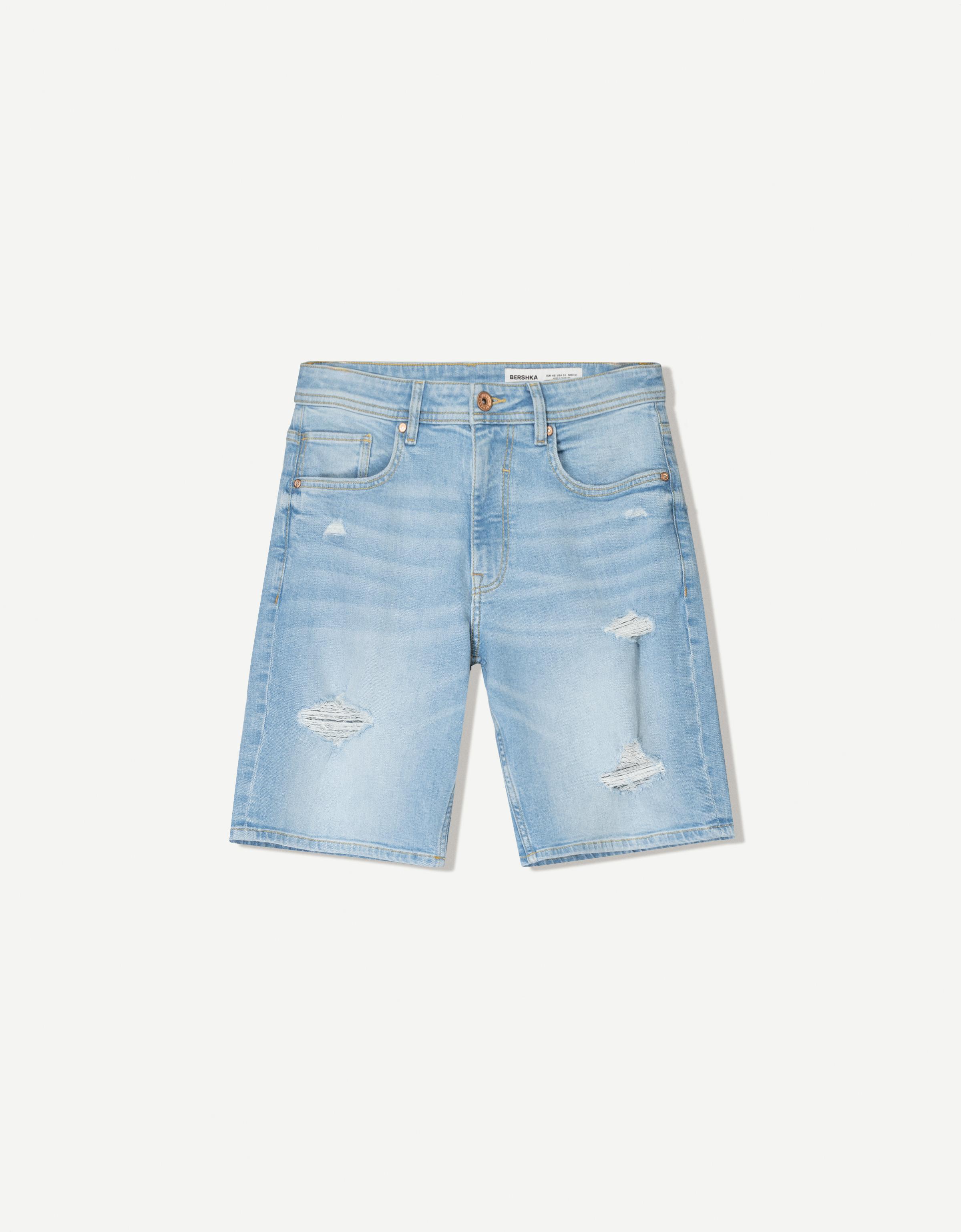 Bershka Jeans-Bermudashorts Mit Rissen Herren 44 Hellblau