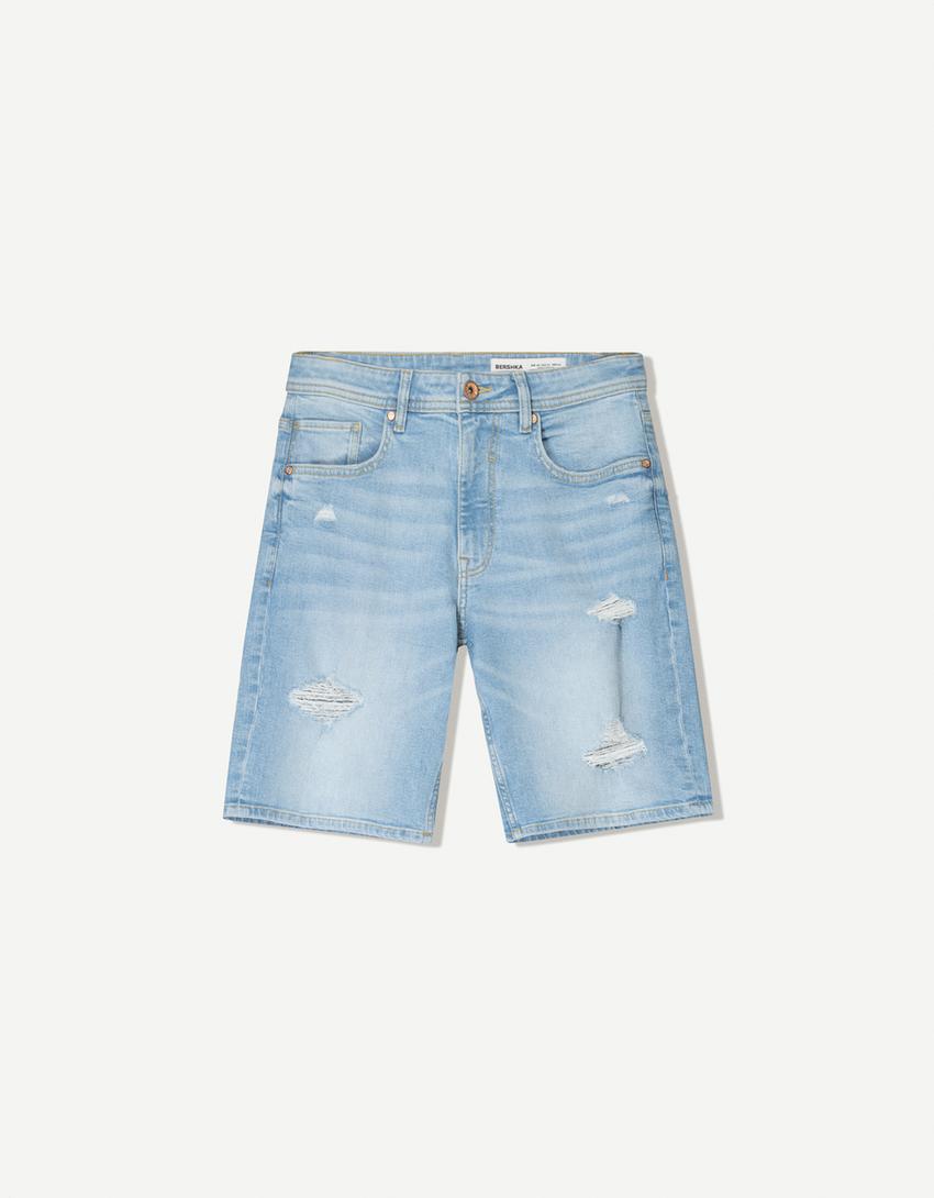 Bermuda en jean déchiré-Bleu clair