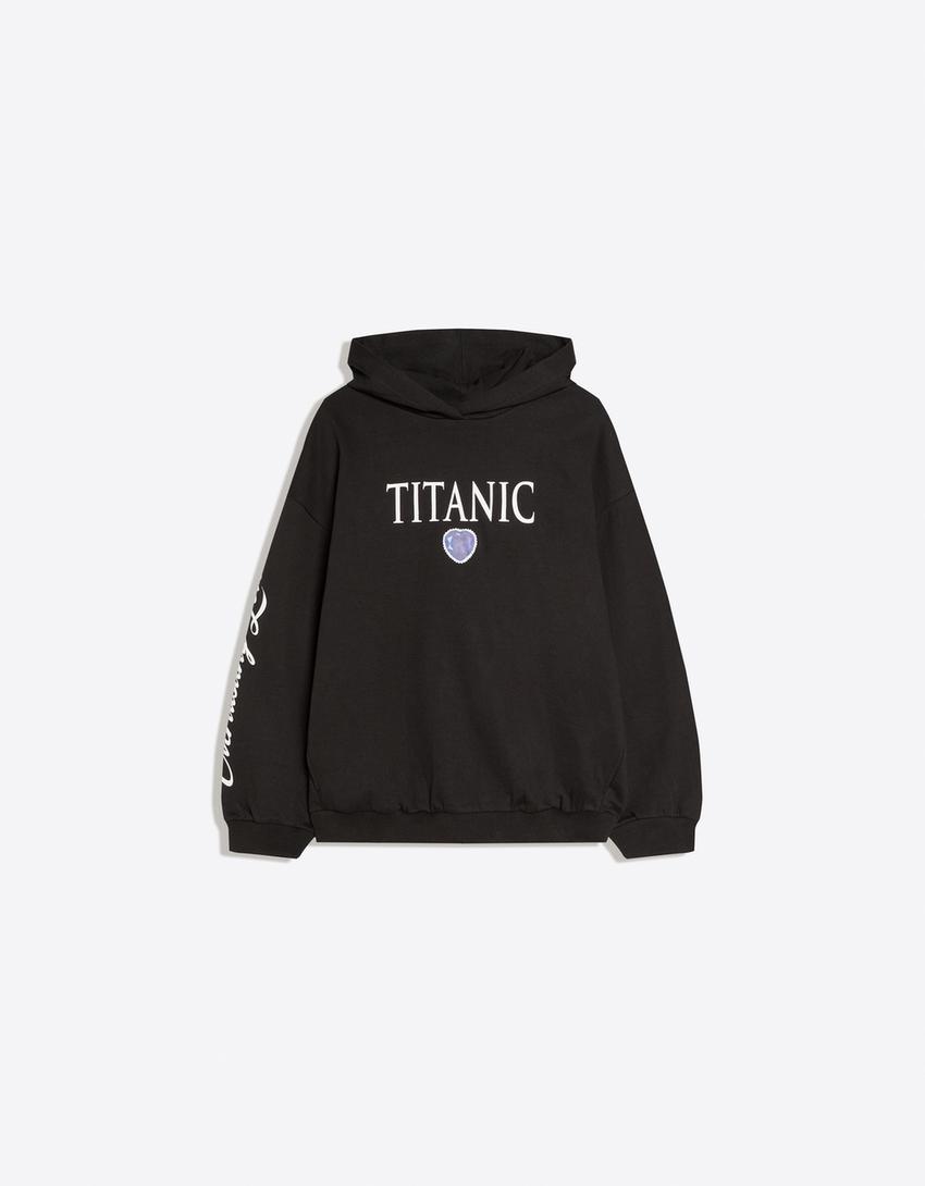 Titanic print hood sweatshirt with hood-Black