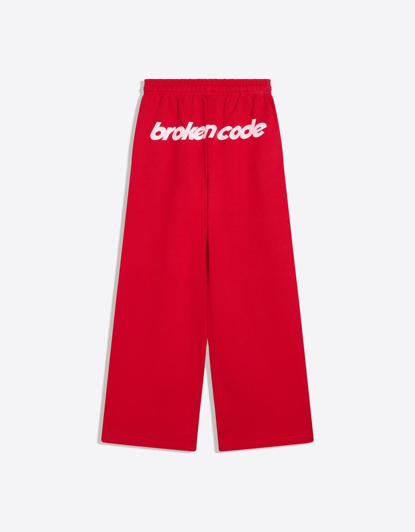 Pantalon wide leg molletonné imprimé-Rouge