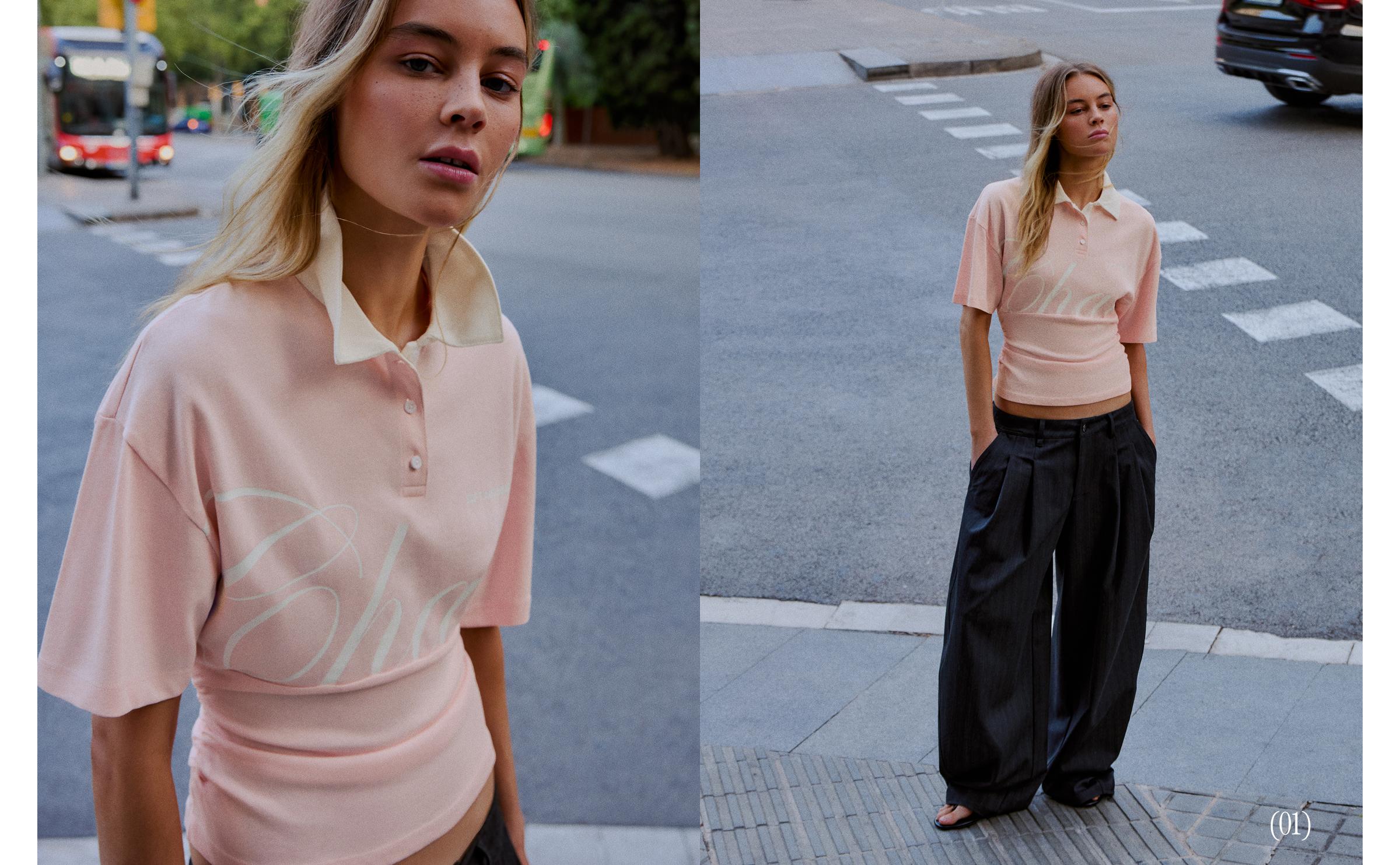 Short sleeve sash print polo shirt — Pink