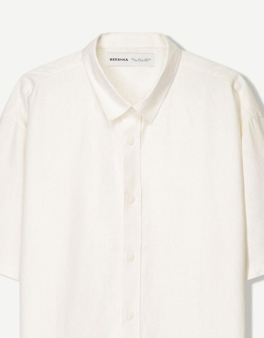 Short sleeve linen blend shirt-White-2
