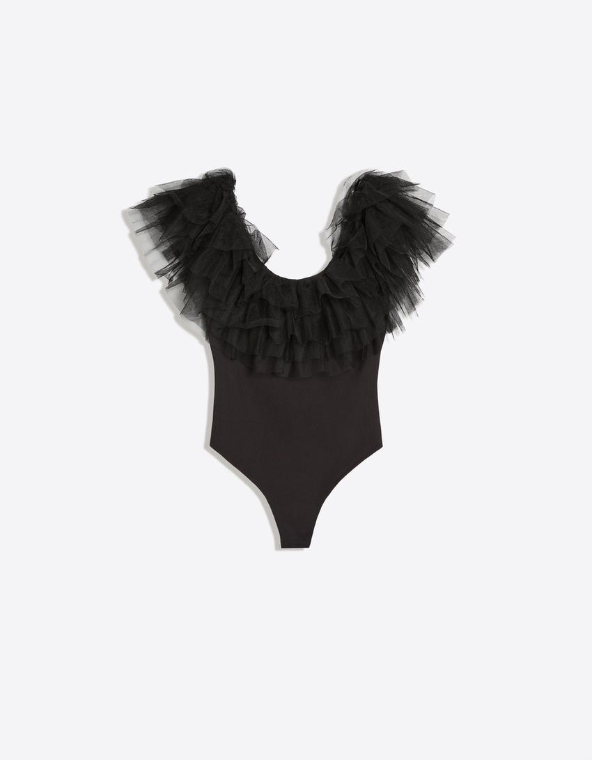 Ruffled tulle bodysuit-Black