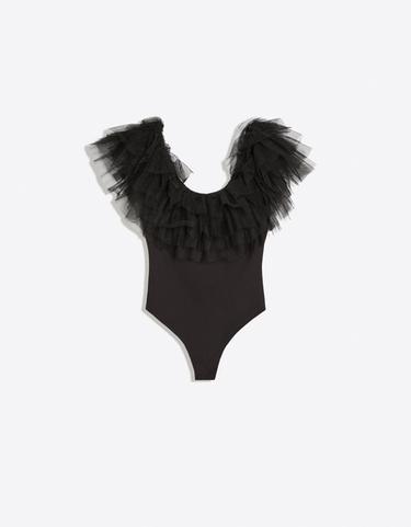 Tulle bodysuit with ruffles — Black 5