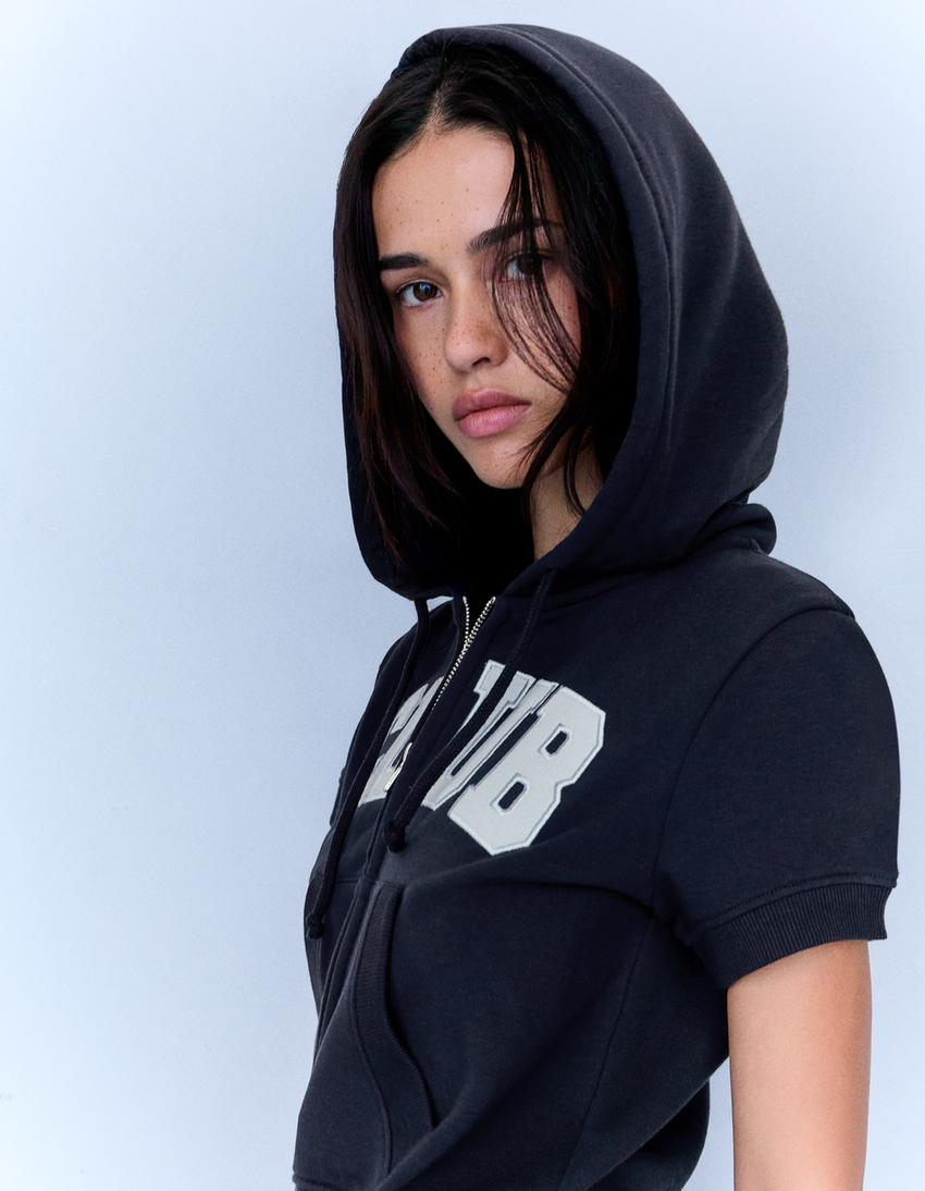 Short sleeve zip-up hoodie-Navy