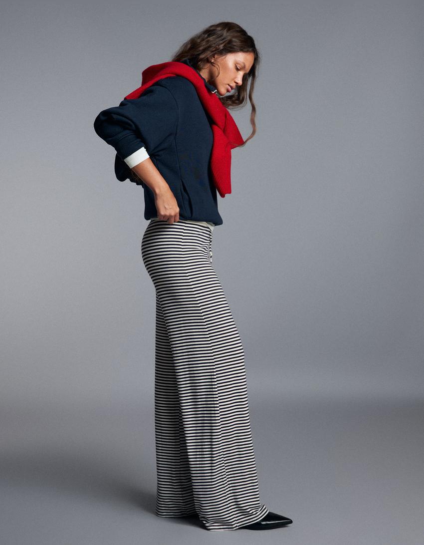 Çizgili baskılı straight fit pantolon-Denizci mavisi