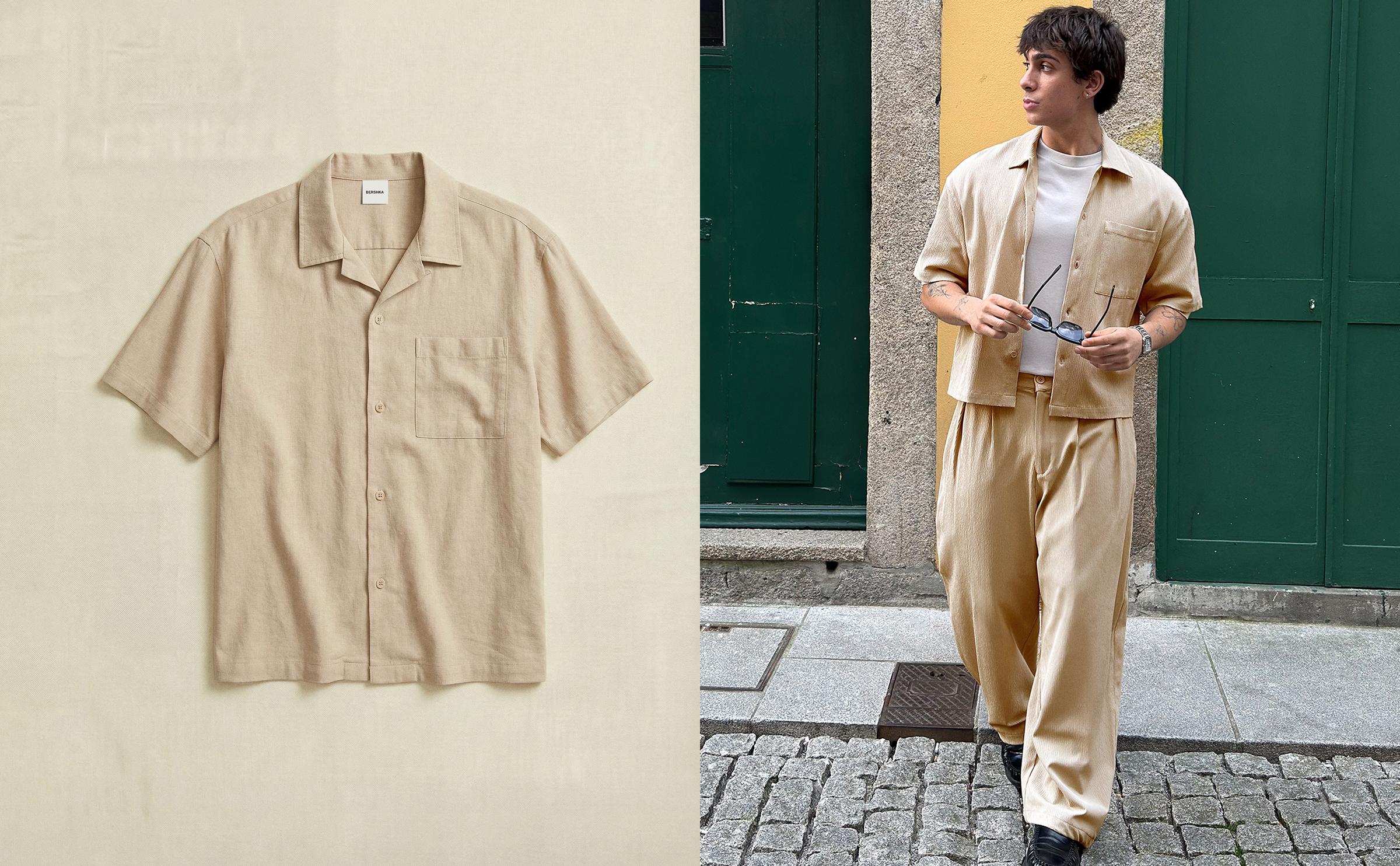 Pleated short sleeve boxy shirt — Sand