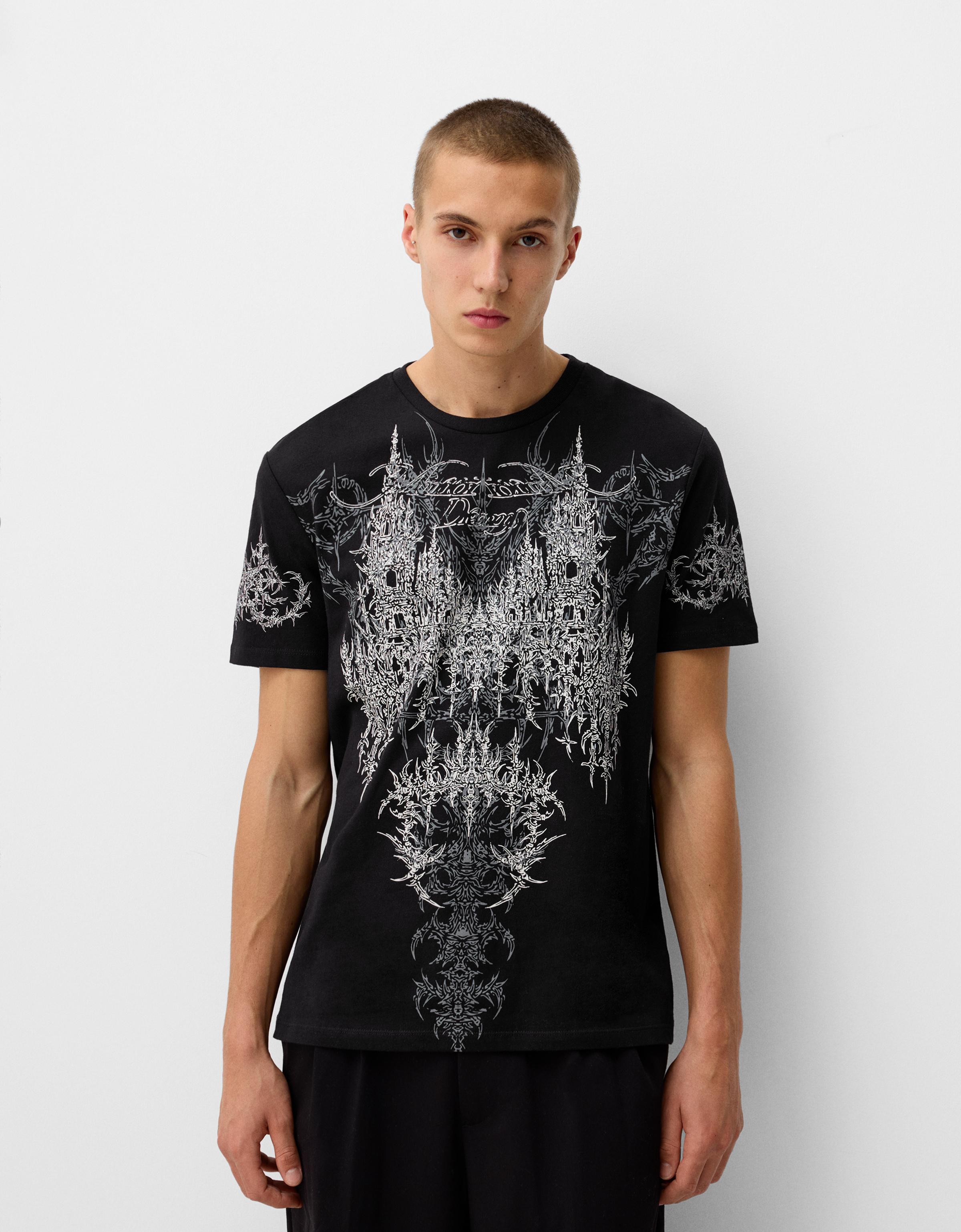 Bershka T-Shirt Im Regular-Fit Mit Kurzen Ärmeln Und Print Herren L Schwarz