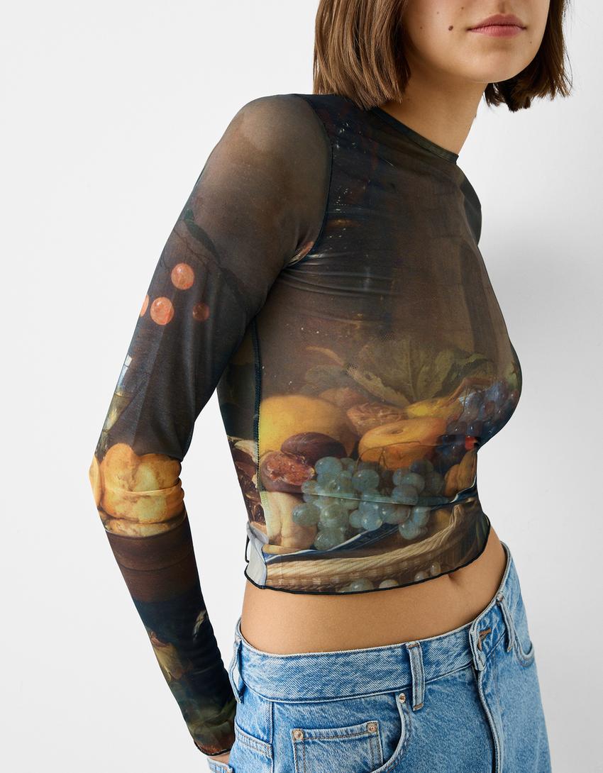 Jan Davidszoon de Heem print long sleeve tulle T-shirt-Black-5