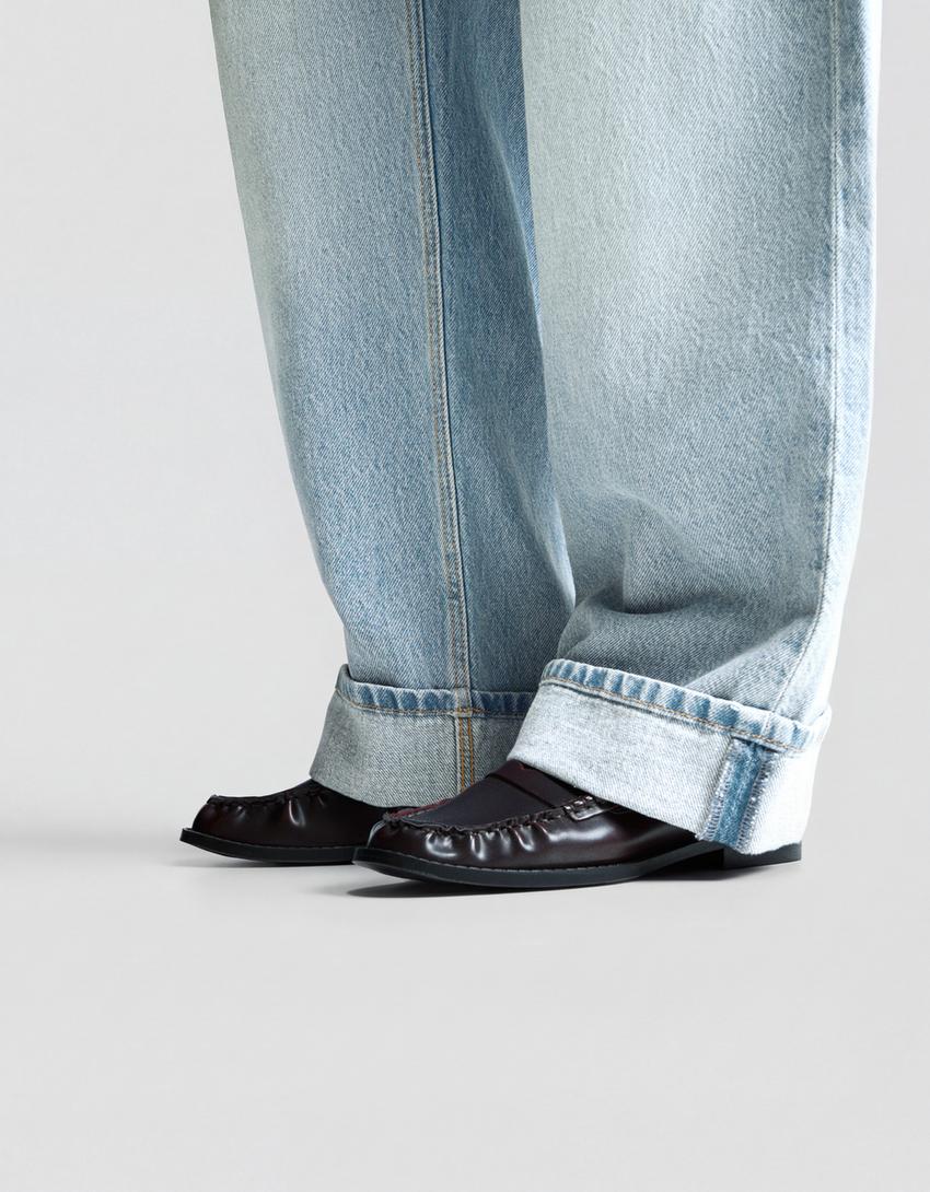 Jeans baggy low-rise model roll-up-Biru muda