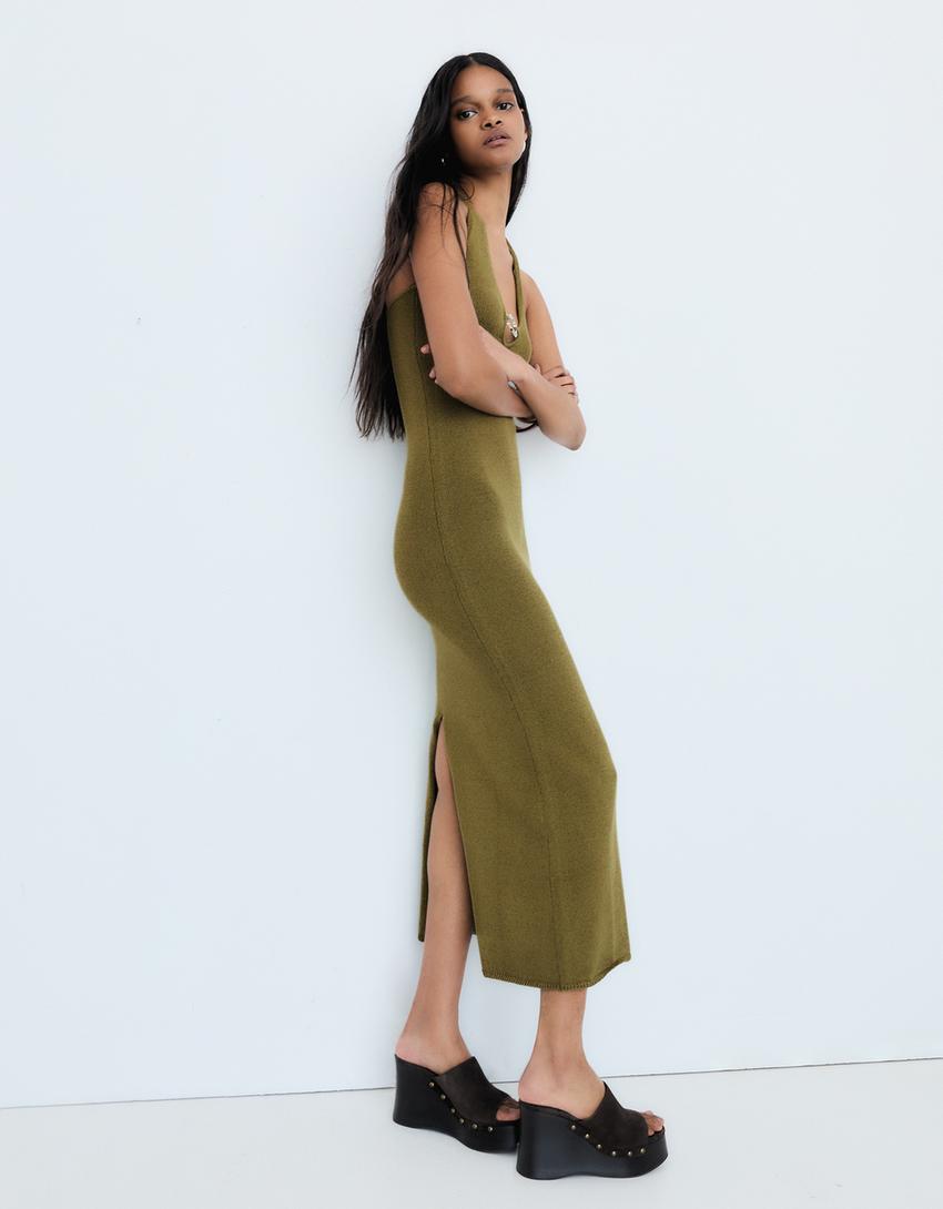 Halter neck midi dress-Khaki