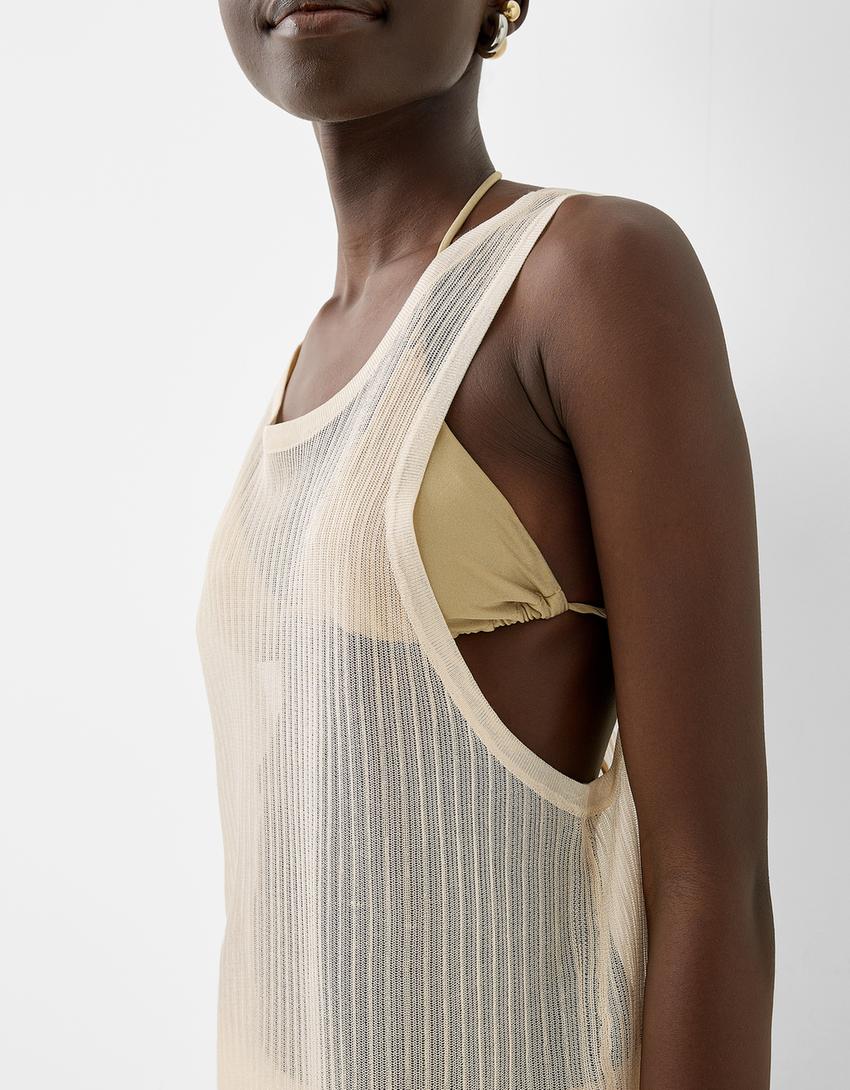 T-shirt sem mangas com rendilhado-Areia-2