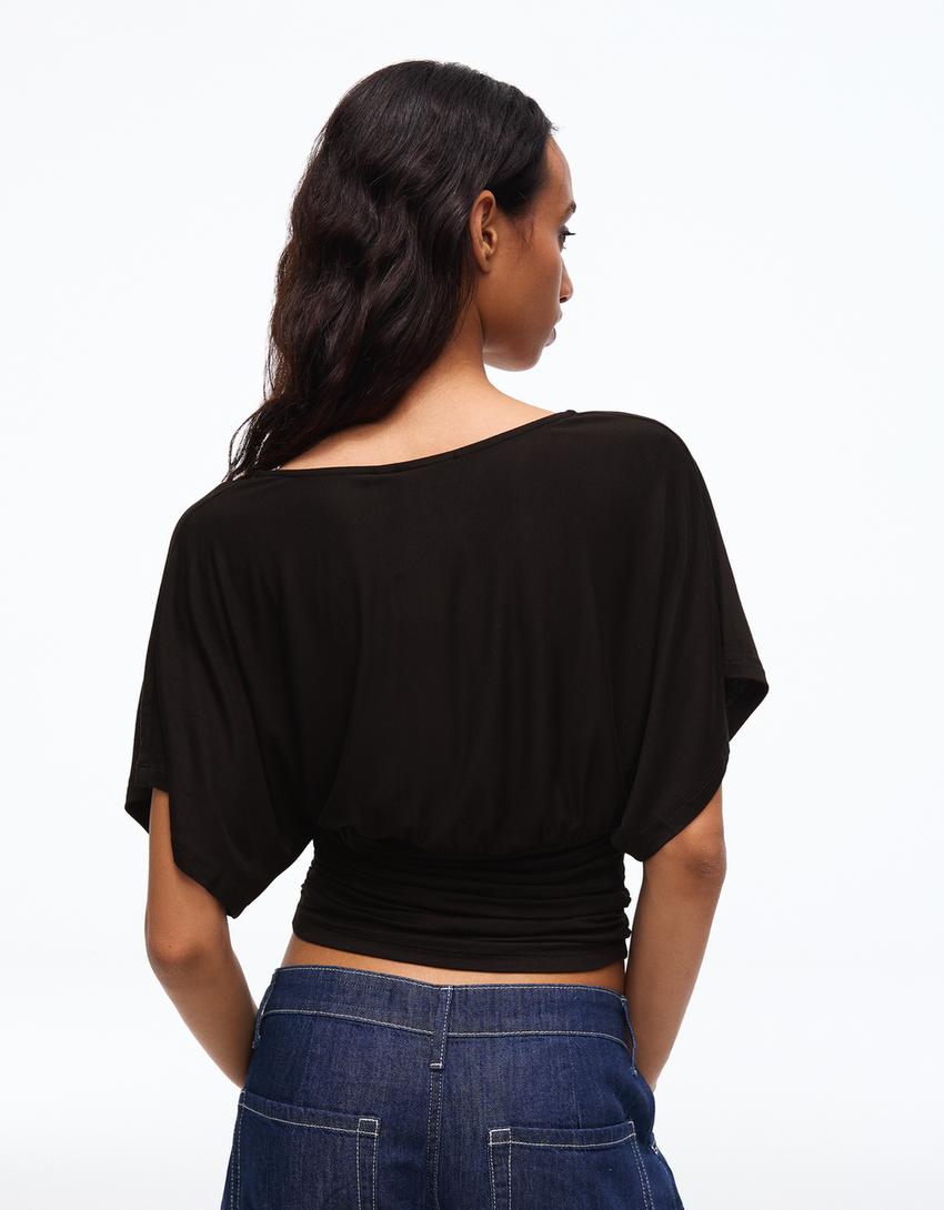 Shirt mit V-Ausschnitt und Raffungen-Schwarz