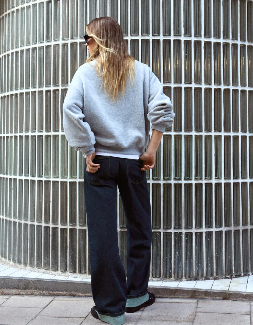 Jeans straight fit vita media con risvolto-Marino
