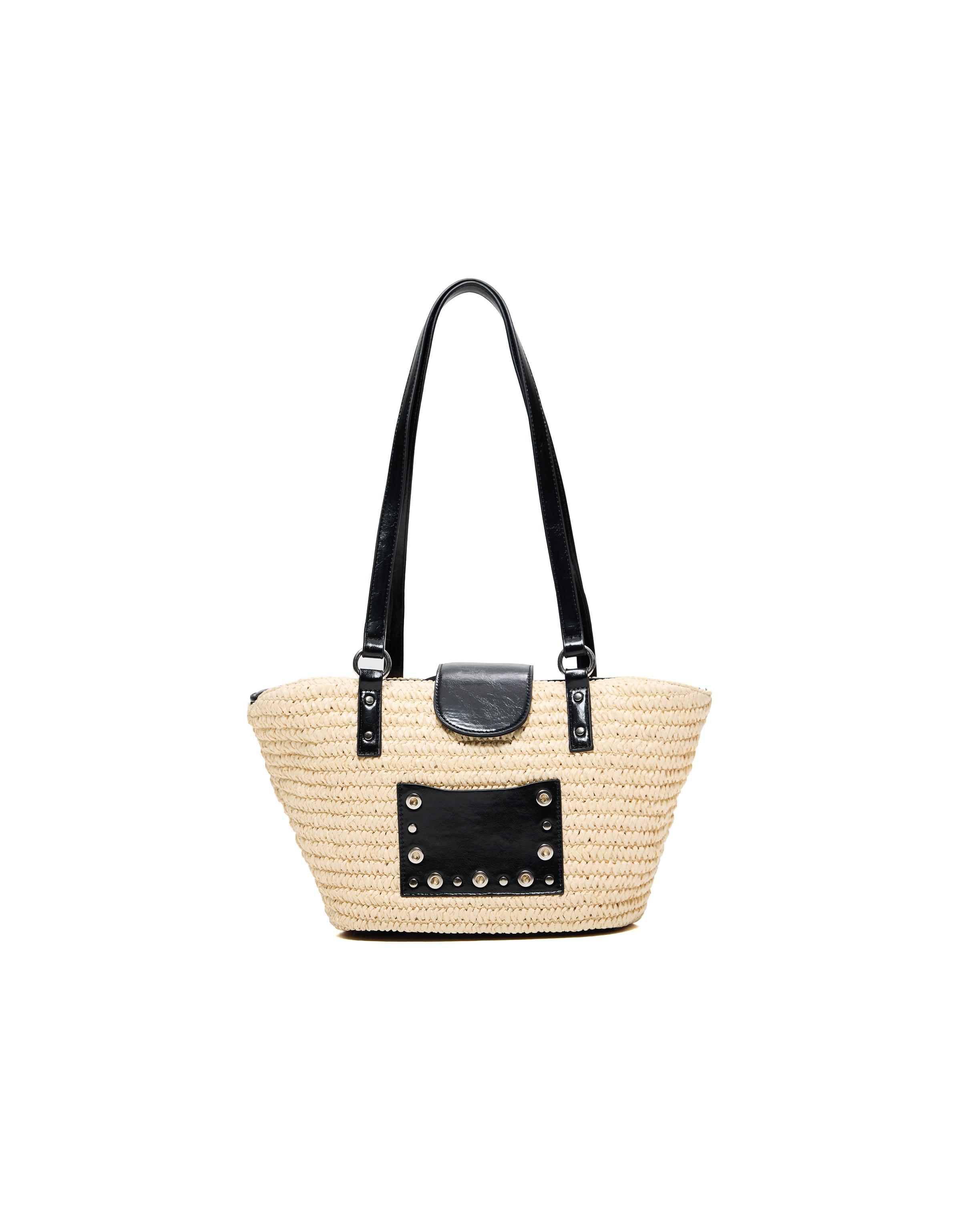 Studded raffia basket bag