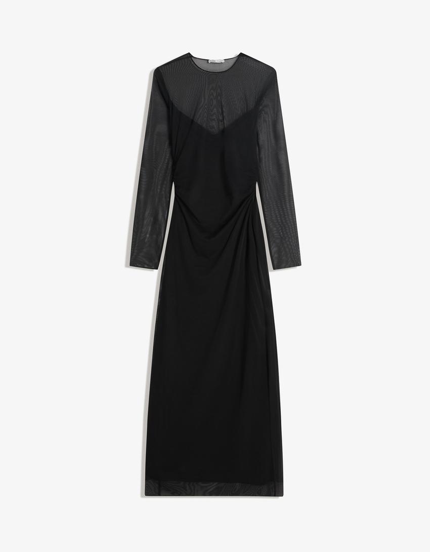 Long sleeve tulle midi dress-Black