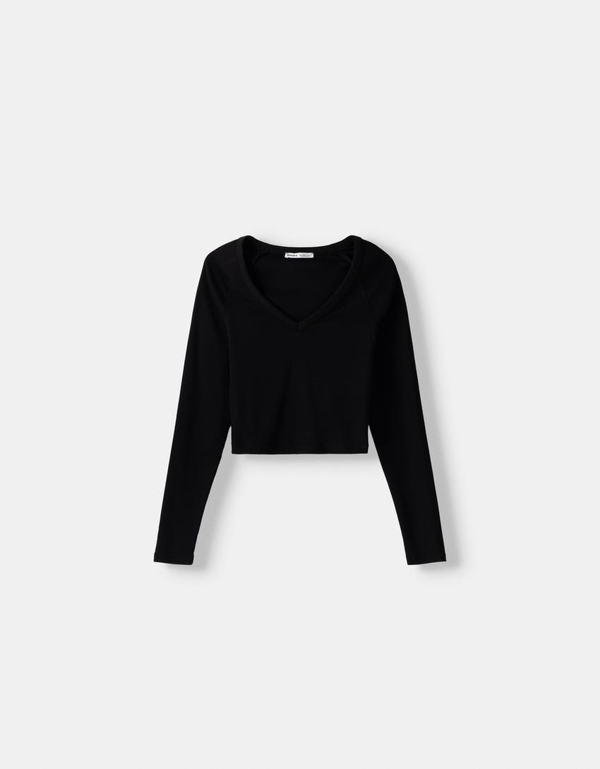 Top manches longues col en V-Noir-4