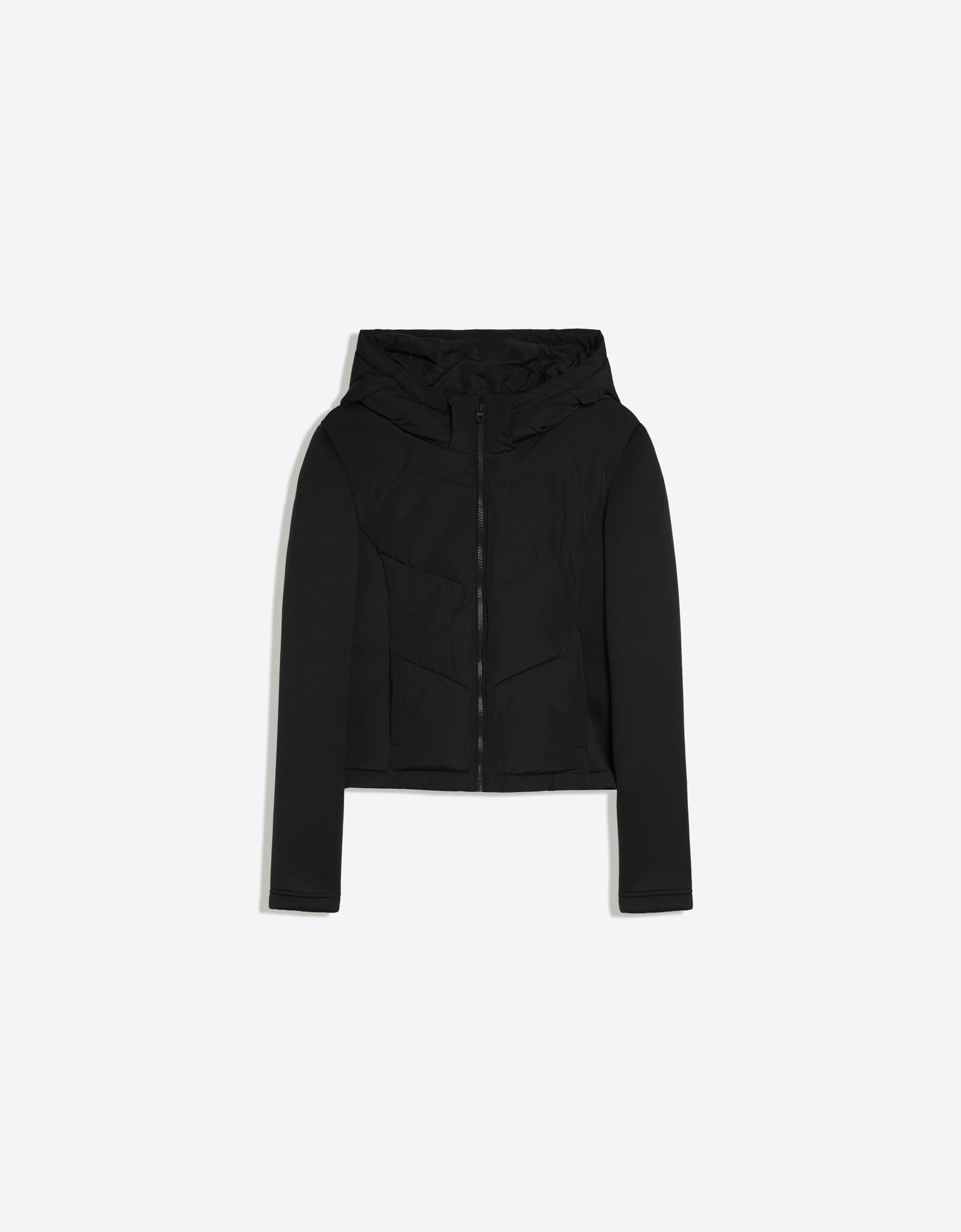 Hooded scuba-fabric mix jacket — Black
