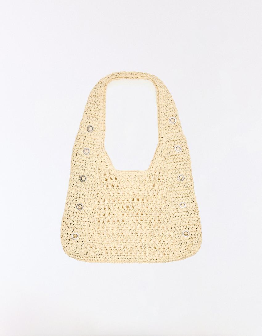 Raffia eyelet bucket bag-Sand