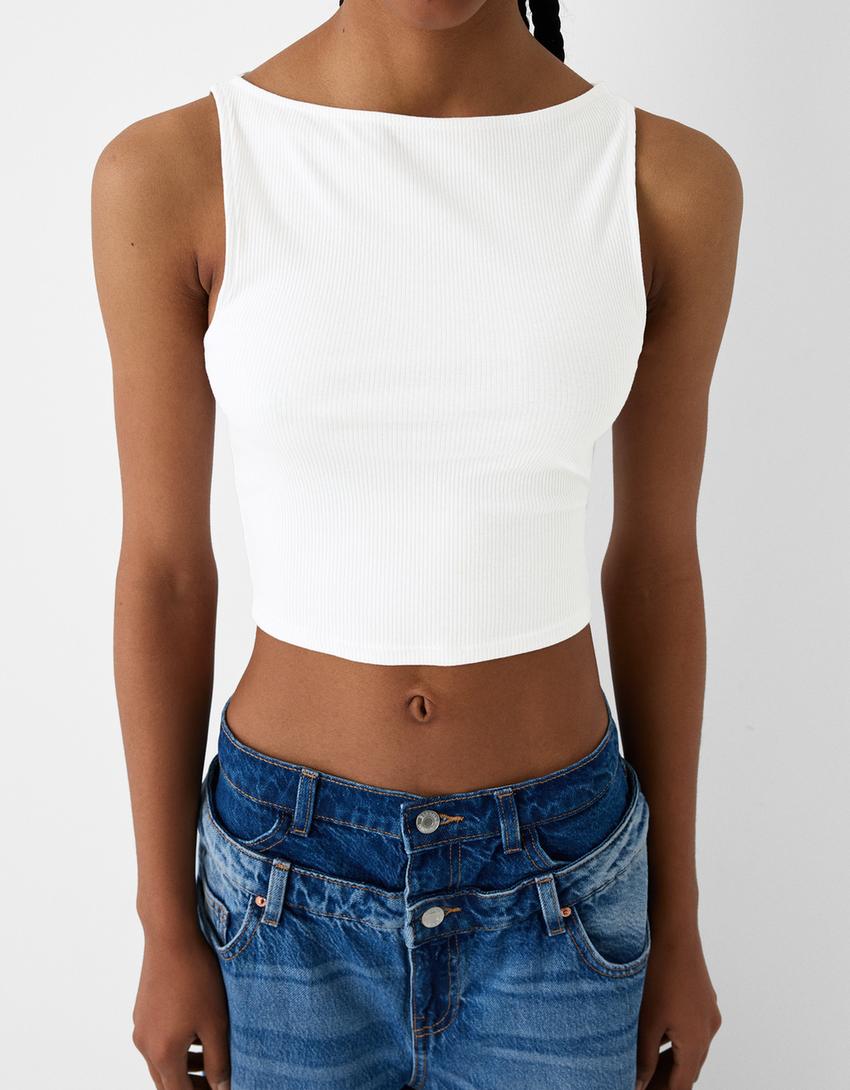 Sleeveless ribbed T-shirt-Off white-5