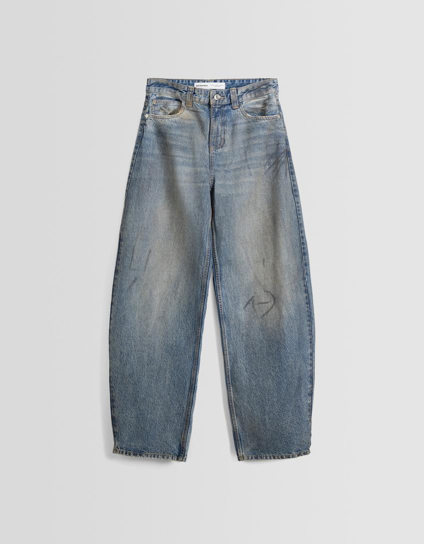 بنطال جينز طراز التسعينيات ممزق وباهت واسع الساقين-أزرق-4