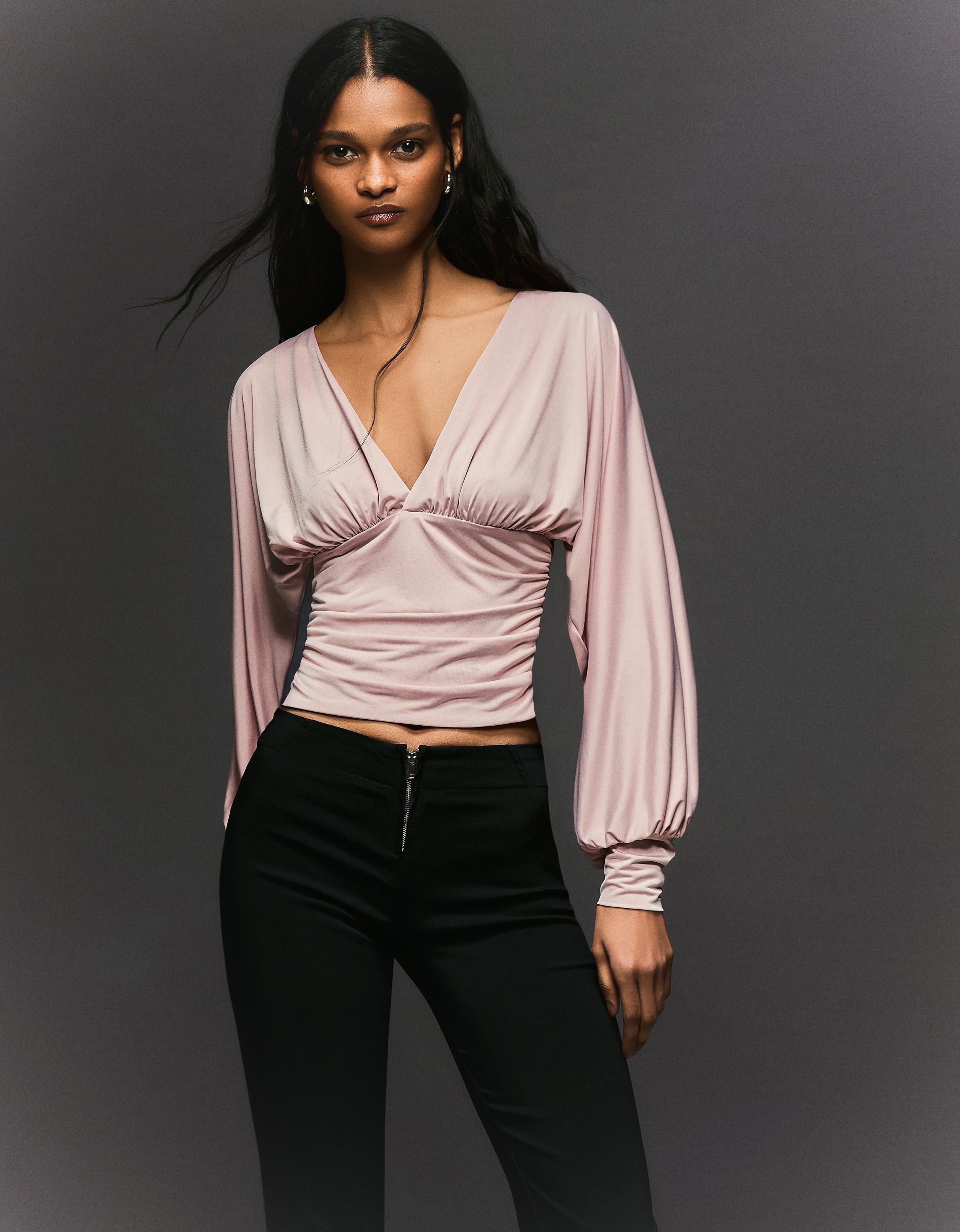 Bershka Gerüschtes Top Mit Lange Ärmel Damen S Grau