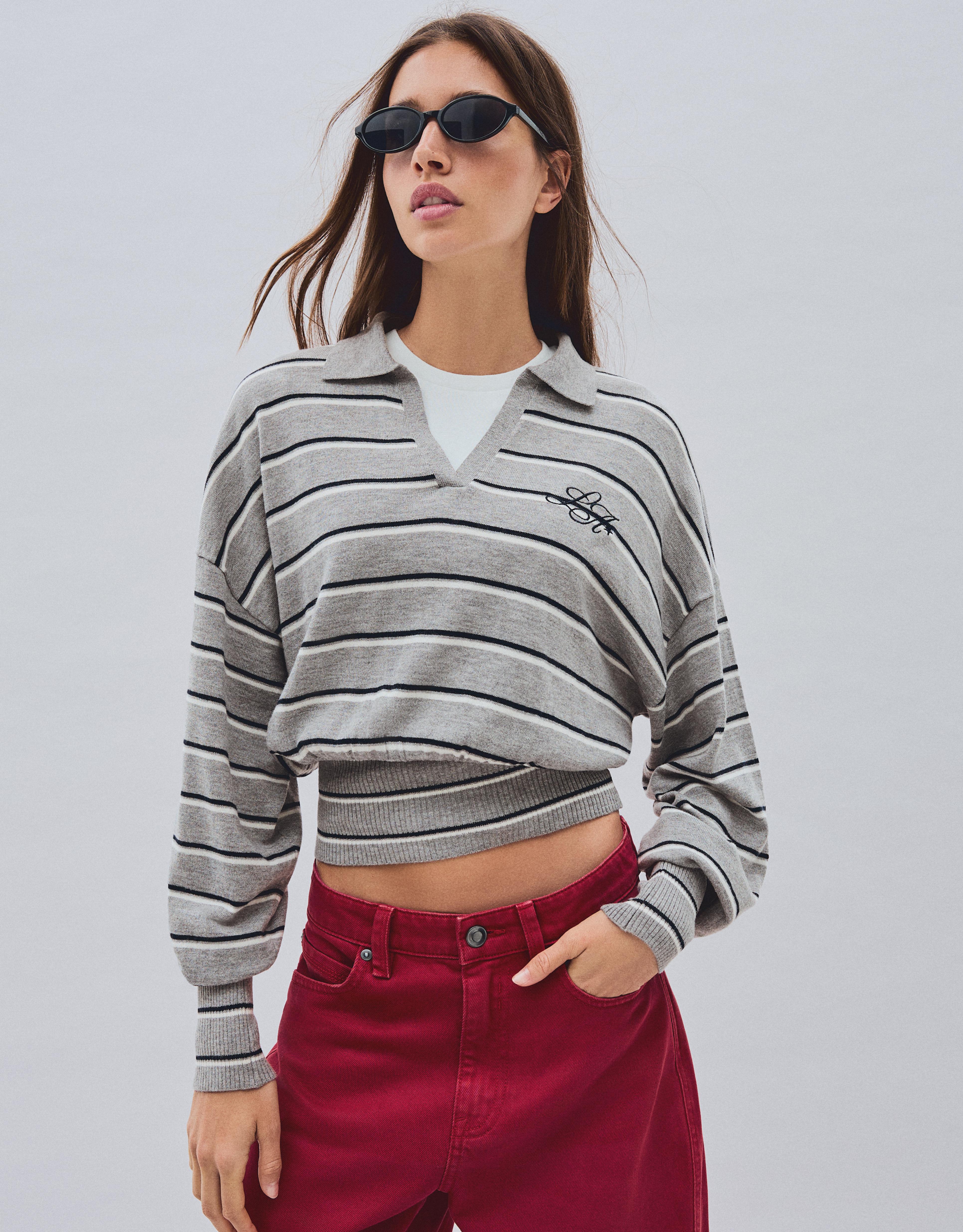 Ribbed polo collar jumper — Grey