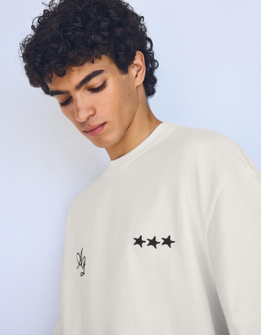T-shirt boxy brodé-Blanc cassé