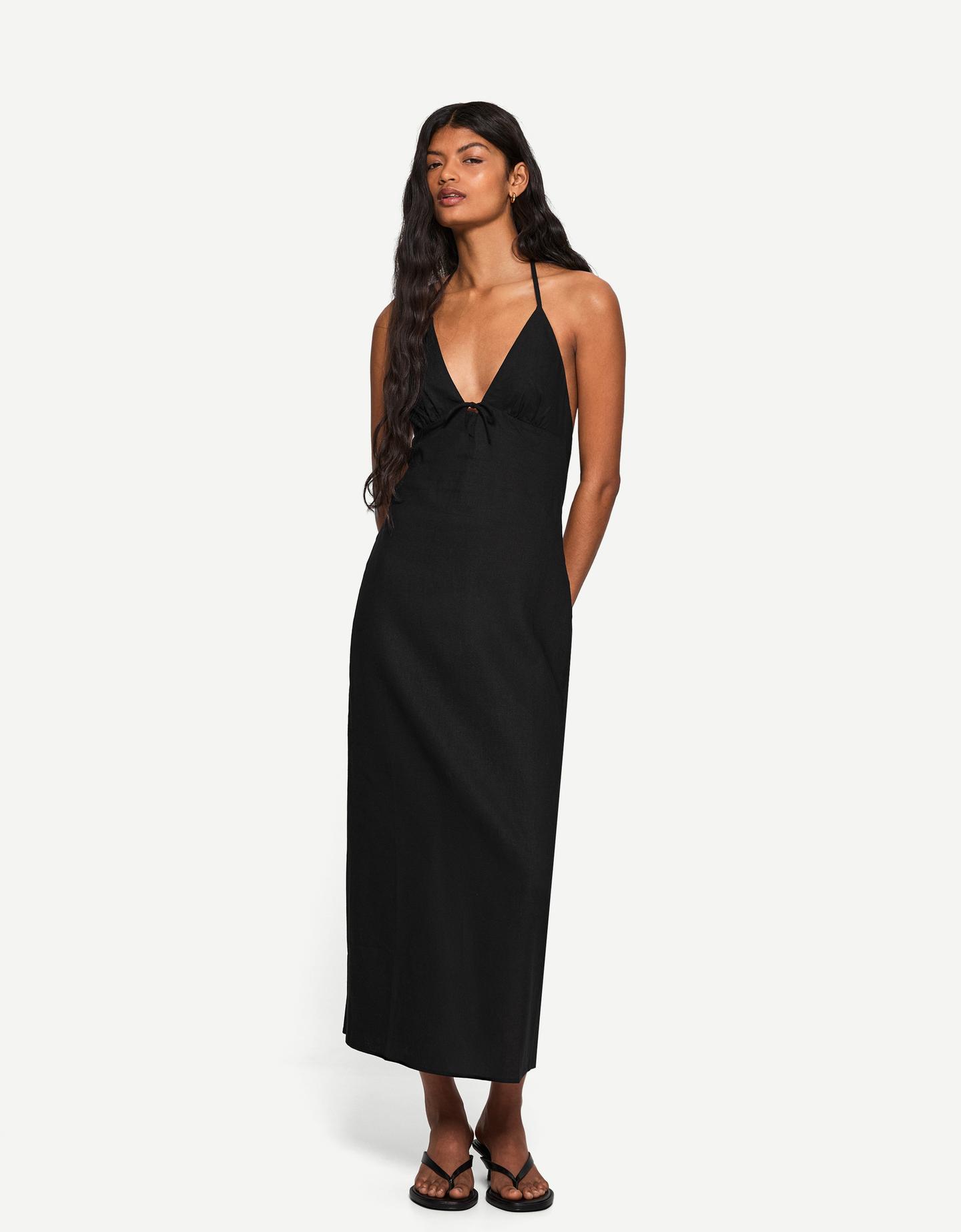 Bershka Vestido Midi Halter Lazada Con Lino Mujer Xs Negro